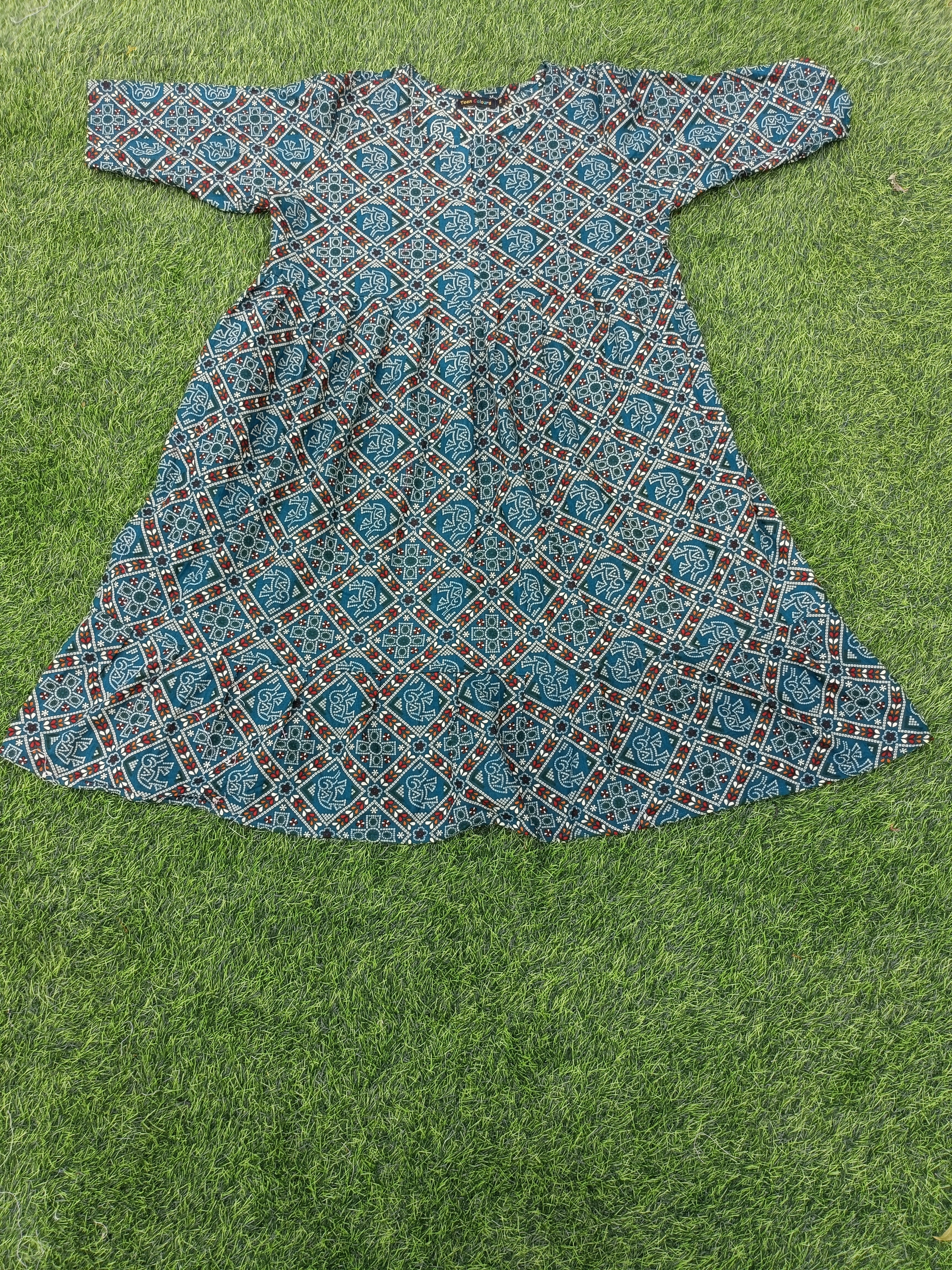 Women's Peacock Blue Printed Flared Umbrella model kurti with Elbow Sleeves