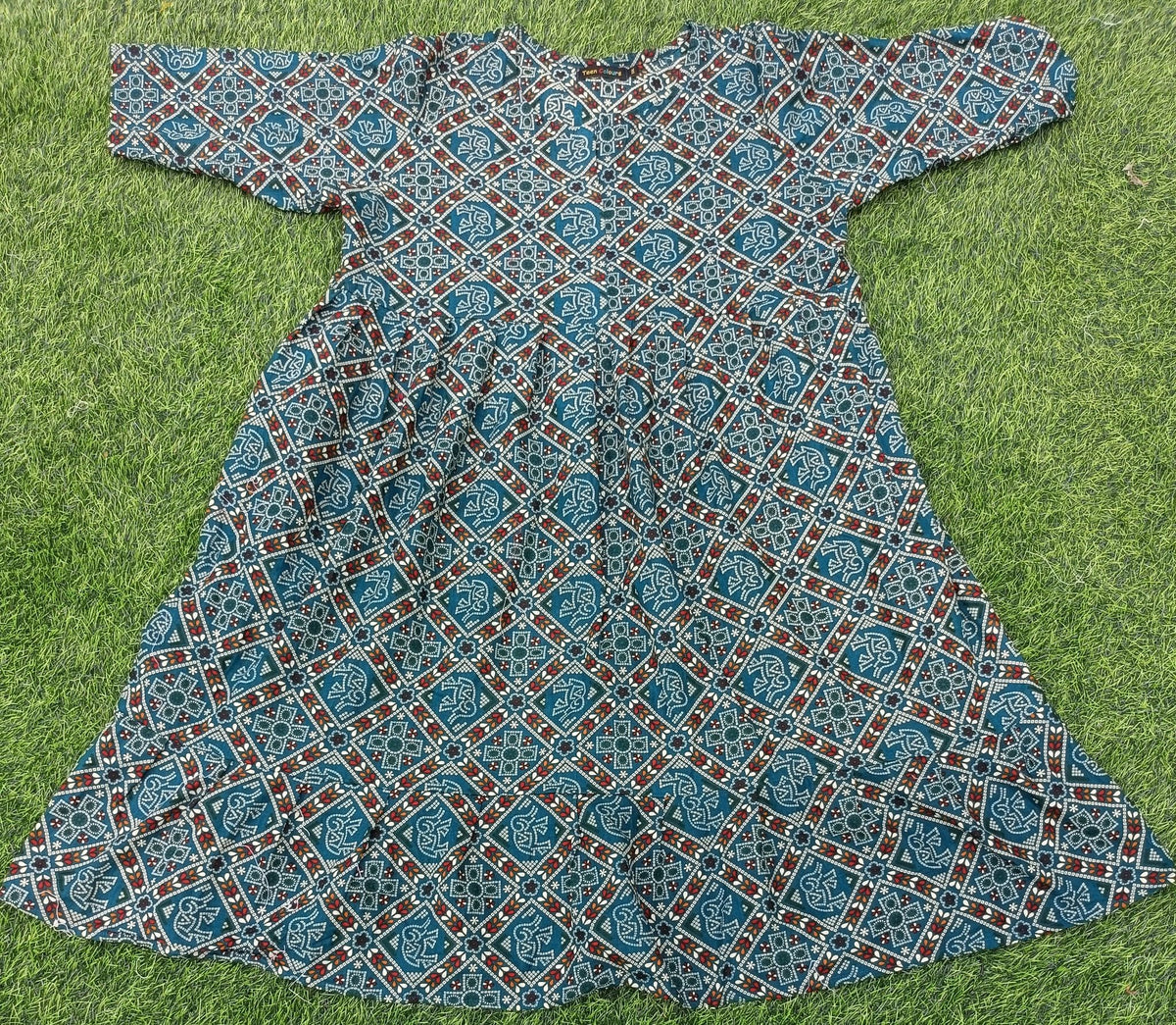 Women's Peacock Blue Printed Flared Umbrella model kurti with Elbow Sleeves