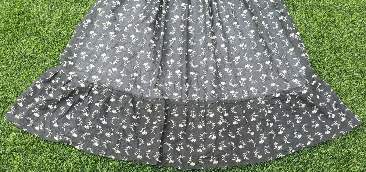Women's Dark Grey Printed Flared Umbrella model kurti with inner lining and Elbow Sleeves