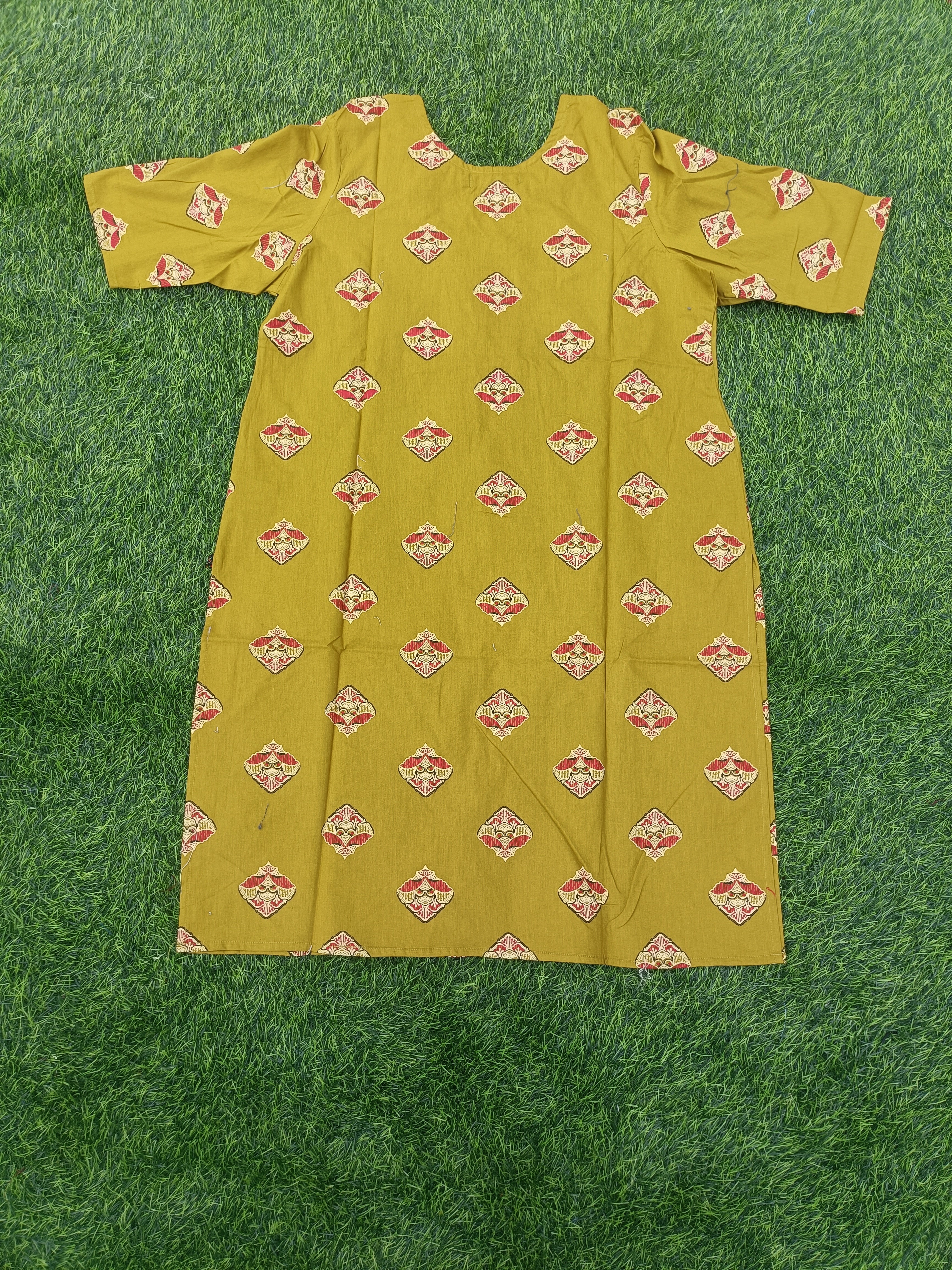Women’s Mehendi Green Ethnic Motif Printed Cotton Straight-Cut Kurthi with Elbow Sleeves & Pocket