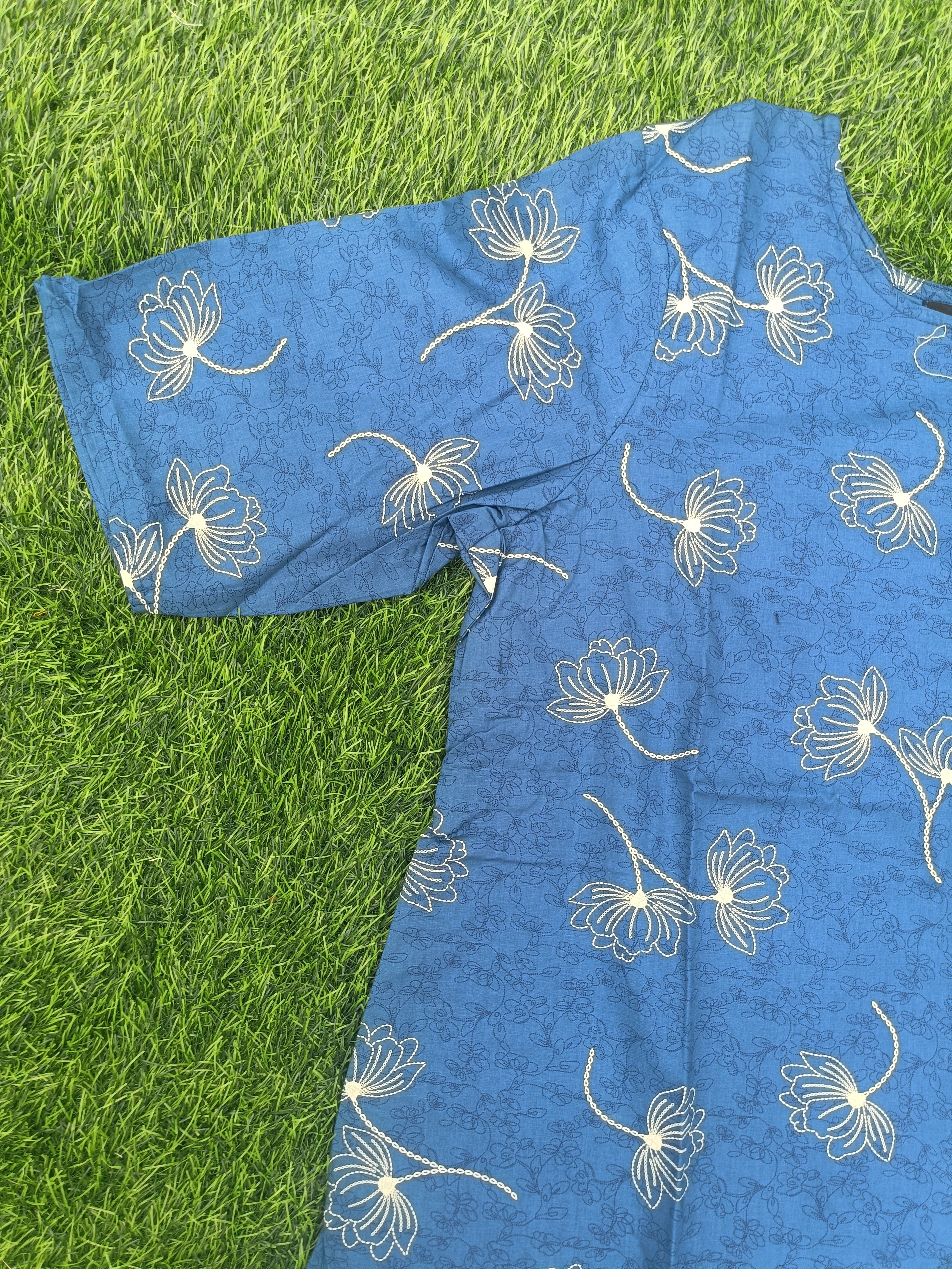 Women’s Royal Blue Layered Floral Printed Cotton Straight-Cut Kurthi with Elbow Sleeves & Pocket