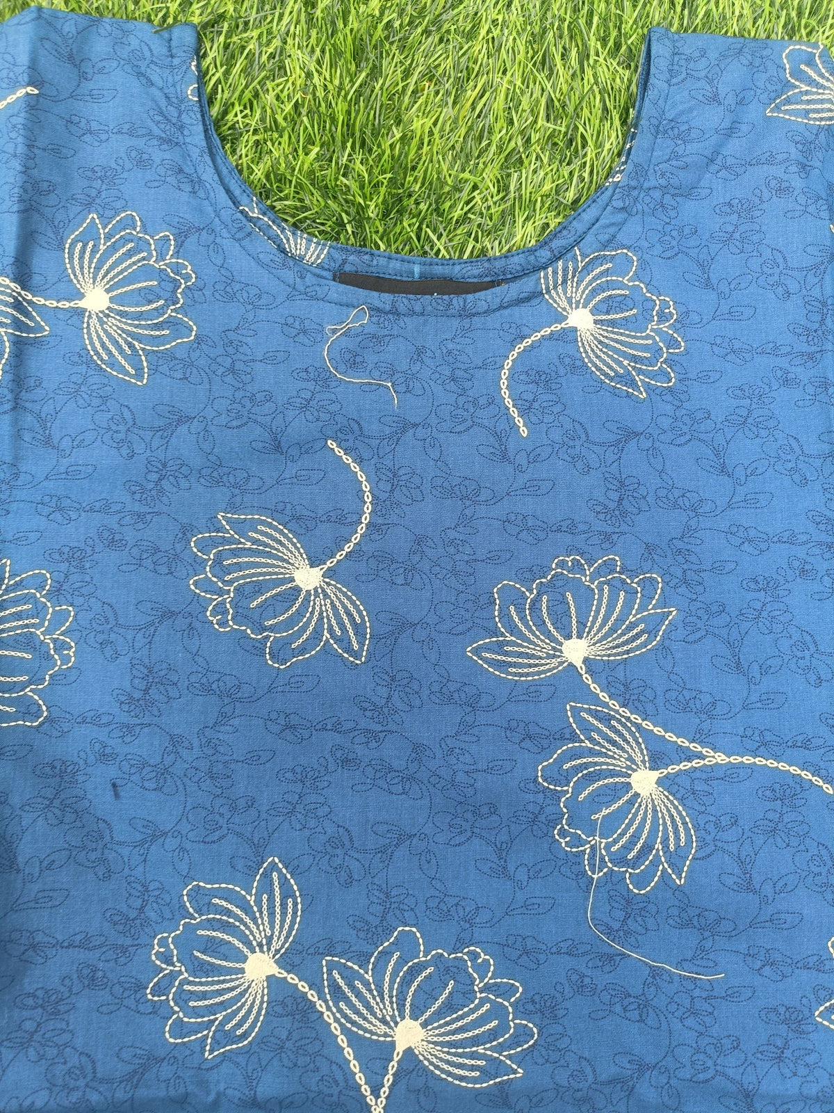 Women's Premium Teal Blue Cotton Floral Print 2-Piece KurtiSet with Chinese Collar, Front Open Buttons, A-Line Princess Cut Top & Straight Pant