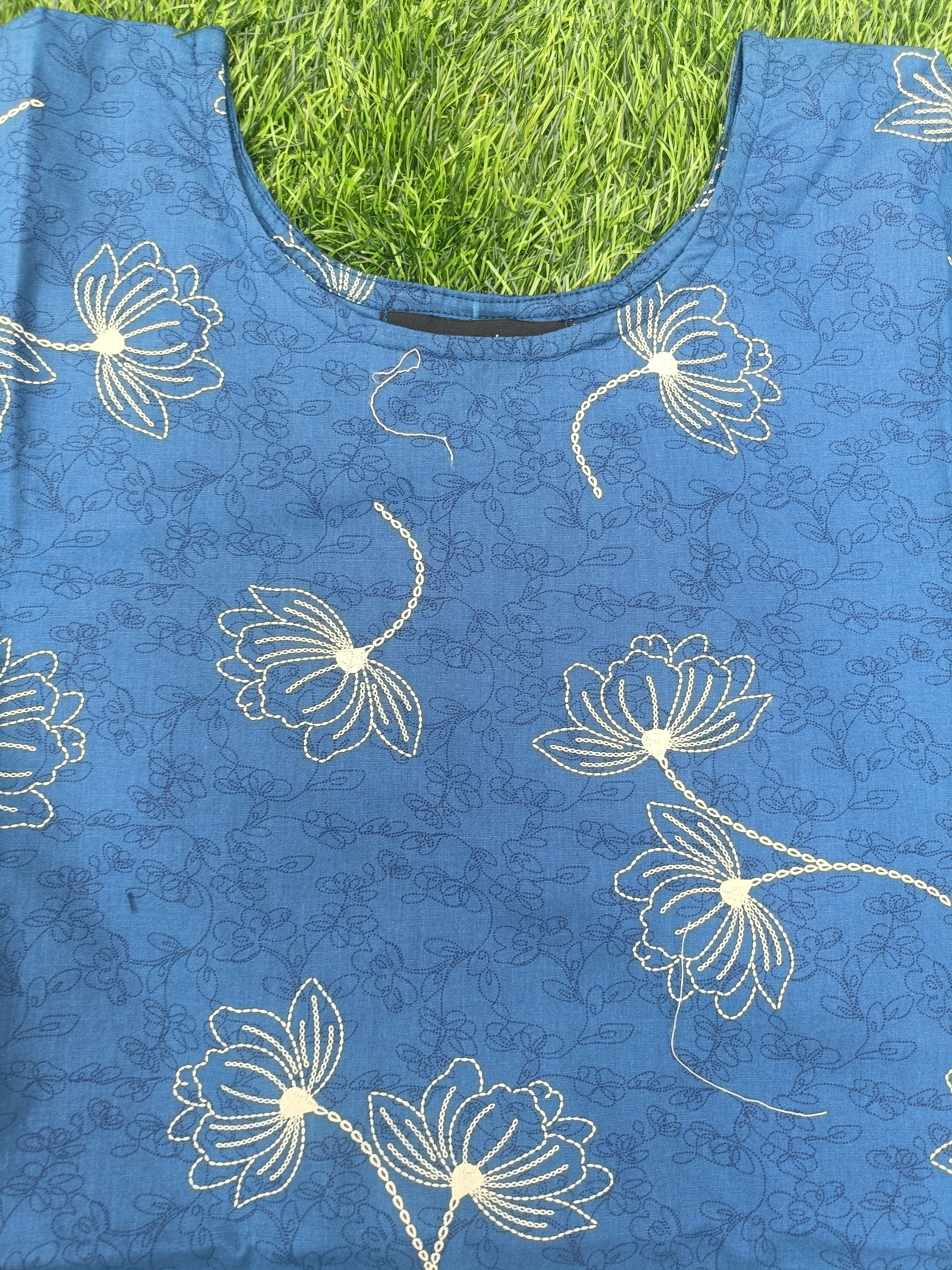 Women’s Royal Blue Layered Floral Printed Cotton Straight-Cut Kurthi with Elbow Sleeves & Pocket