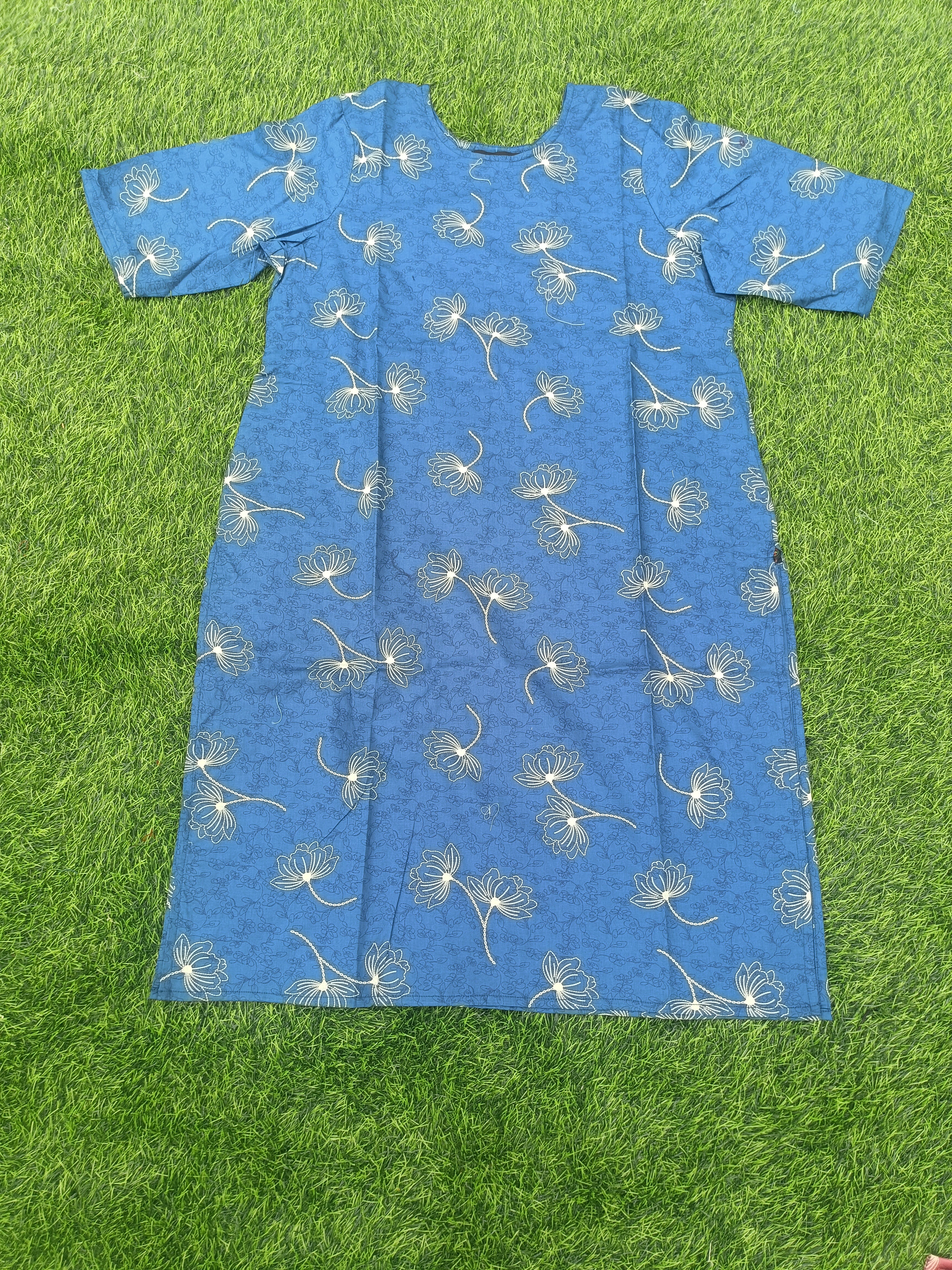 Women’s Royal Blue Layered Floral Printed Cotton Straight-Cut Kurthi with Elbow Sleeves & Pocket