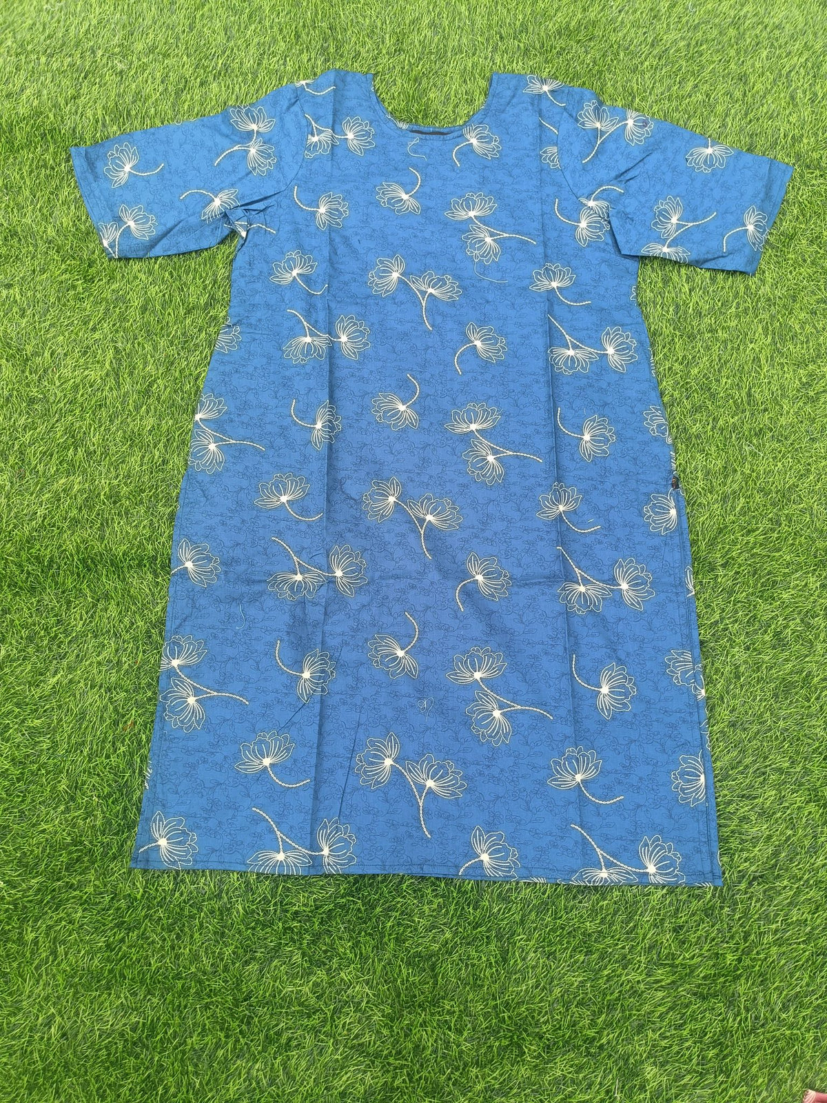 Women's Premium Teal Blue Cotton Floral Print 2-Piece KurtiSet with Chinese Collar, Front Open Buttons, A-Line Princess Cut Top & Straight Pant