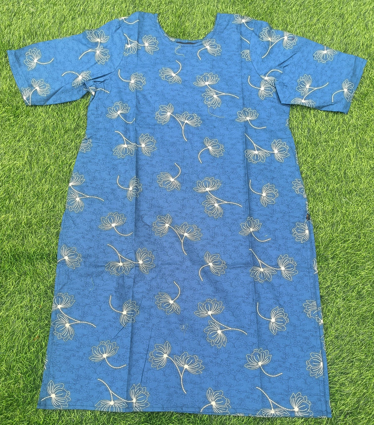 Women’s Royal Blue Layered Floral Printed Cotton Straight-Cut Kurthi with Elbow Sleeves & Pocket