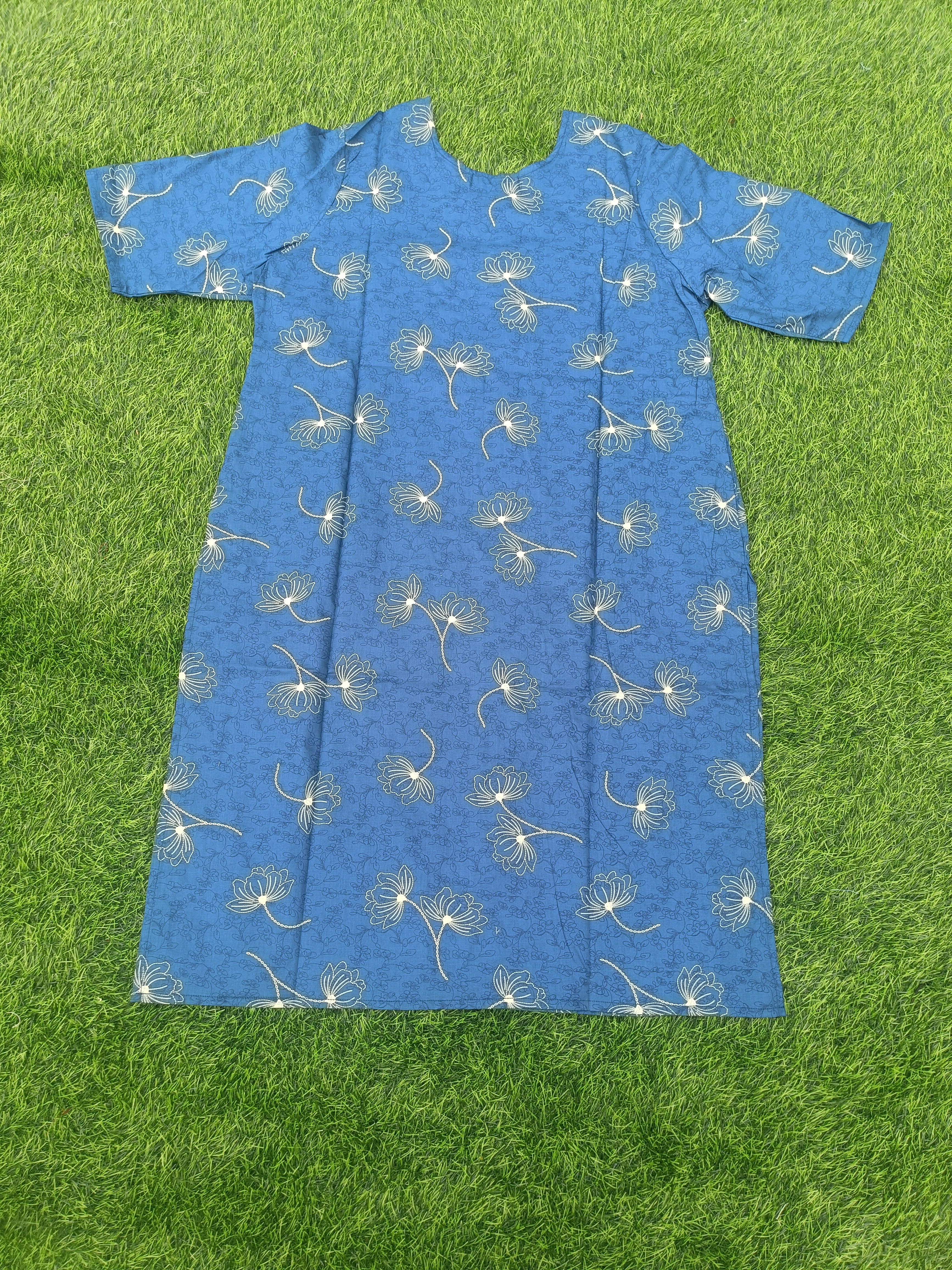 Women’s Royal Blue Layered Floral Printed Cotton Straight-Cut Kurthi with Elbow Sleeves & Pocket