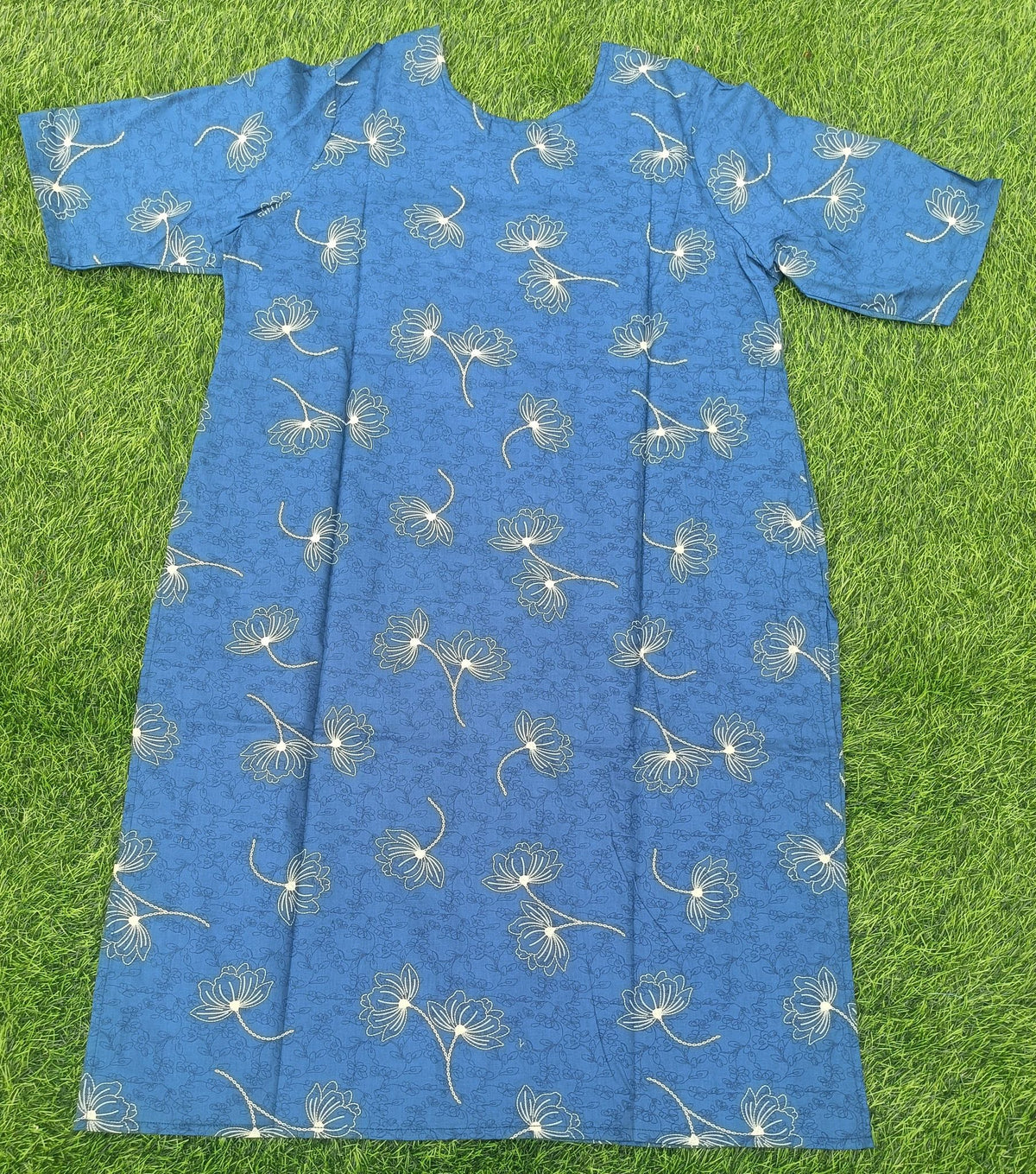 Women’s Royal Blue Layered Floral Printed Cotton Straight-Cut Kurthi with Elbow Sleeves & Pocket