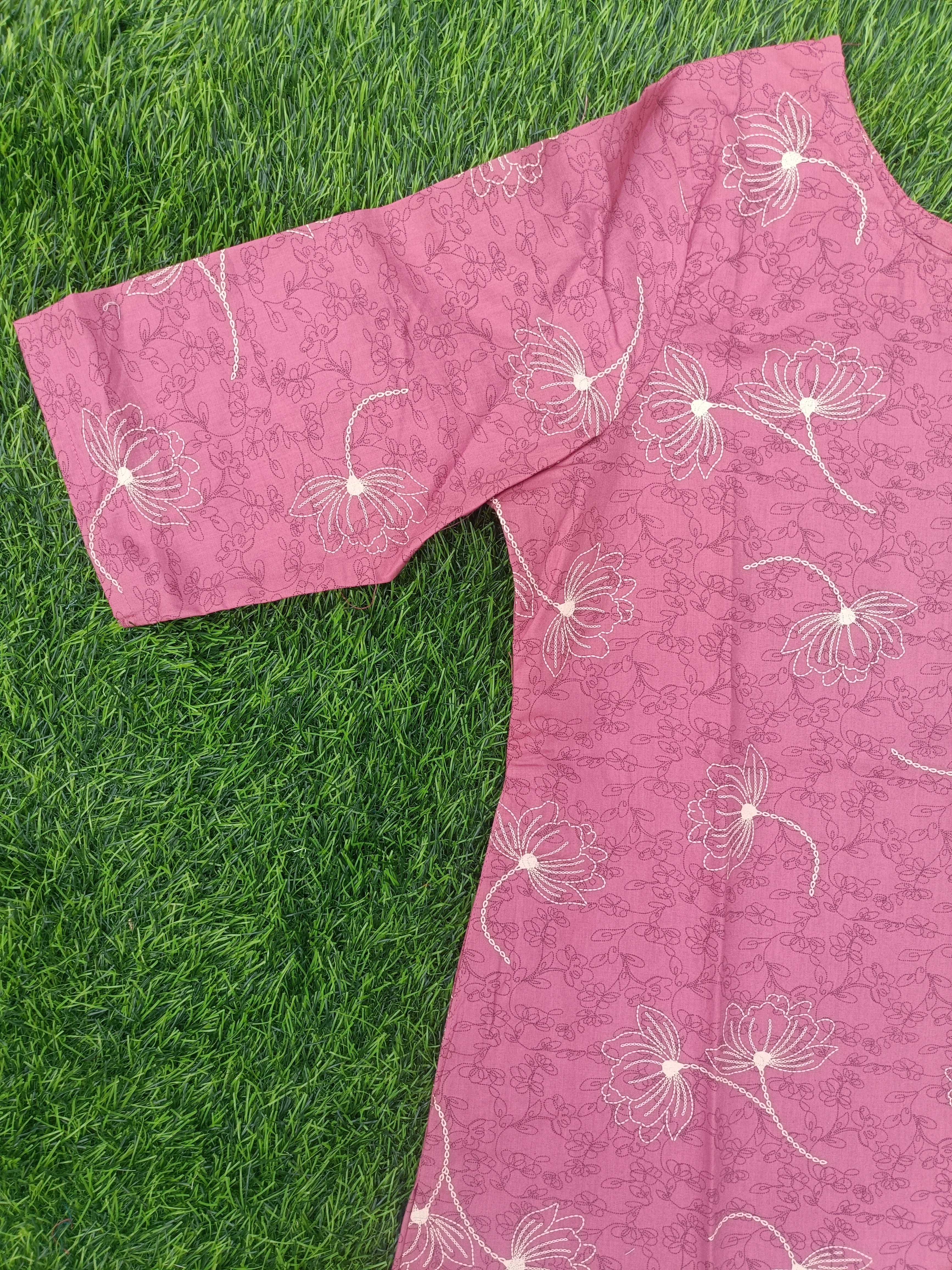 Women’s Dusty Rose Layered Floral Printed Cotton Straight-Cut Kurthi with Elbow Sleeves & Pocket
