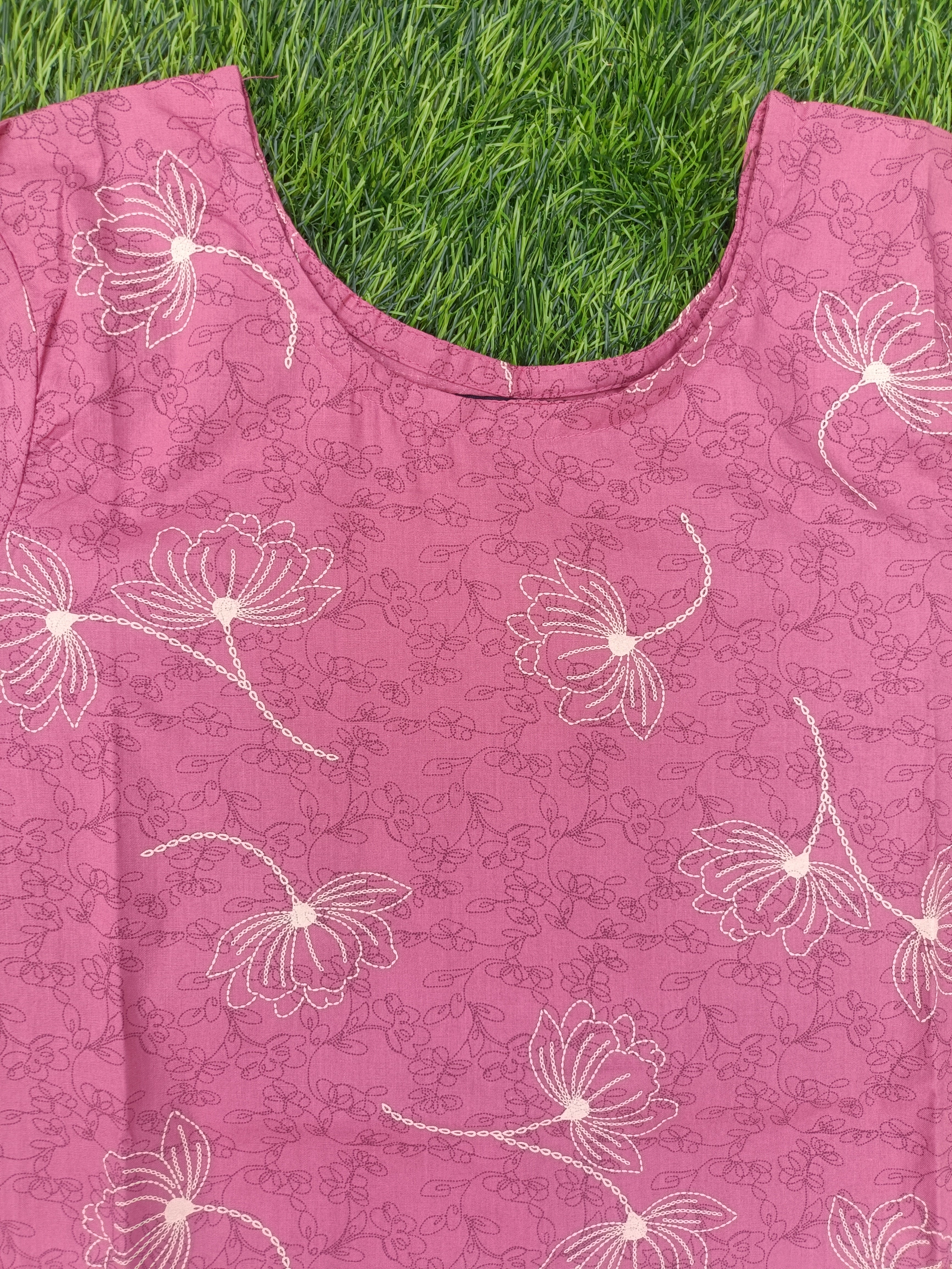 Women’s Dusty Rose Layered Floral Printed Cotton Straight-Cut Kurthi with Elbow Sleeves & Pocket