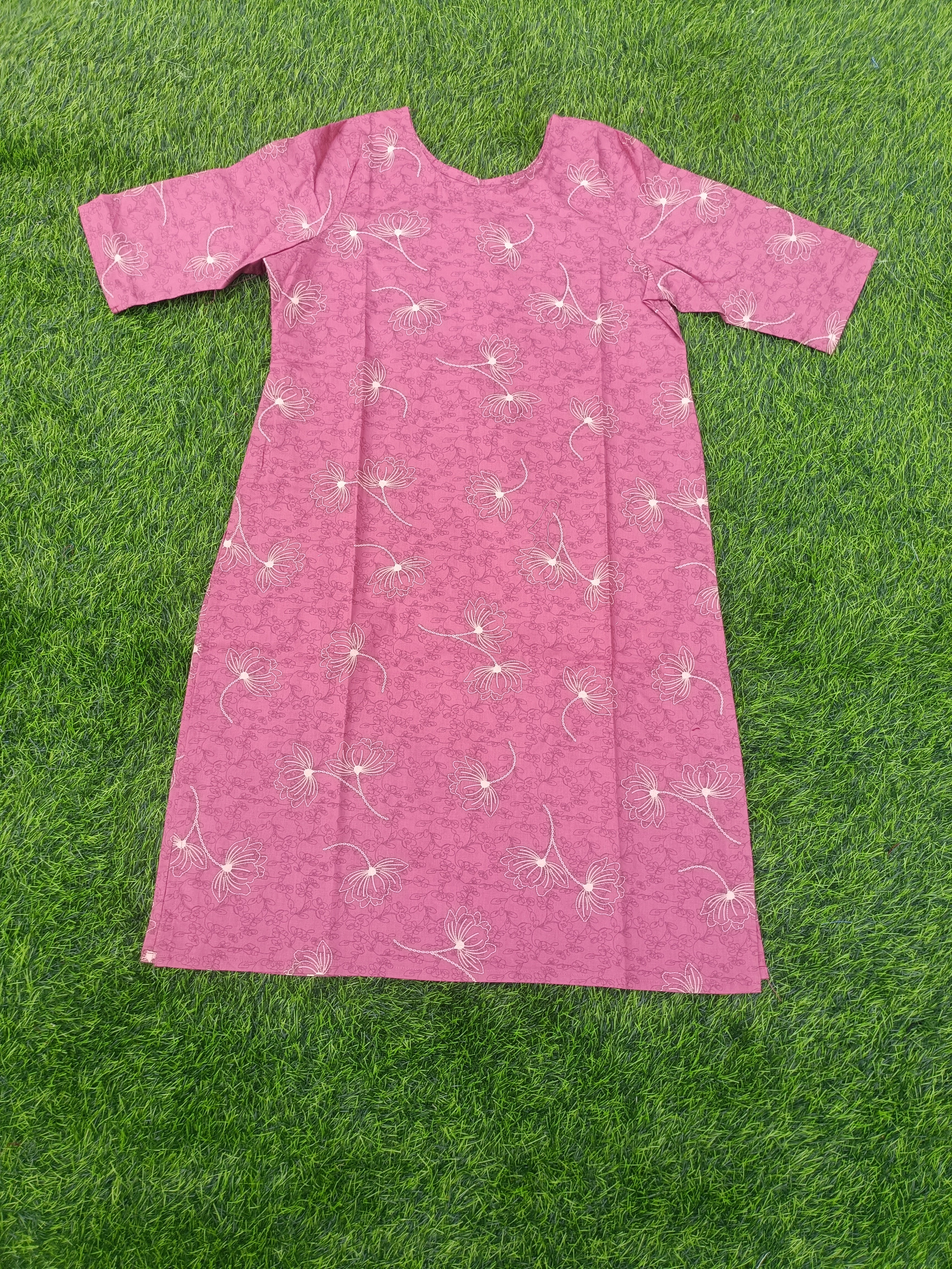 Women’s Dusty Rose Layered Floral Printed Cotton Straight-Cut Kurthi with Elbow Sleeves & Pocket
