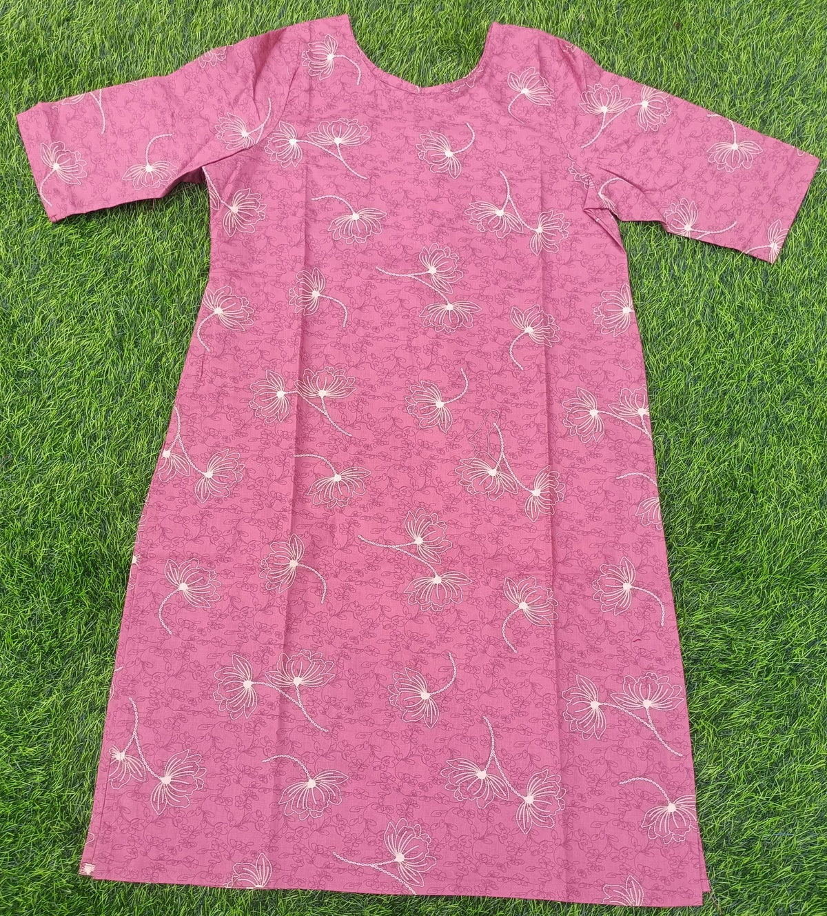 Women’s Dusty Rose Layered Floral Printed Cotton Straight-Cut Kurthi with Elbow Sleeves & Pocket