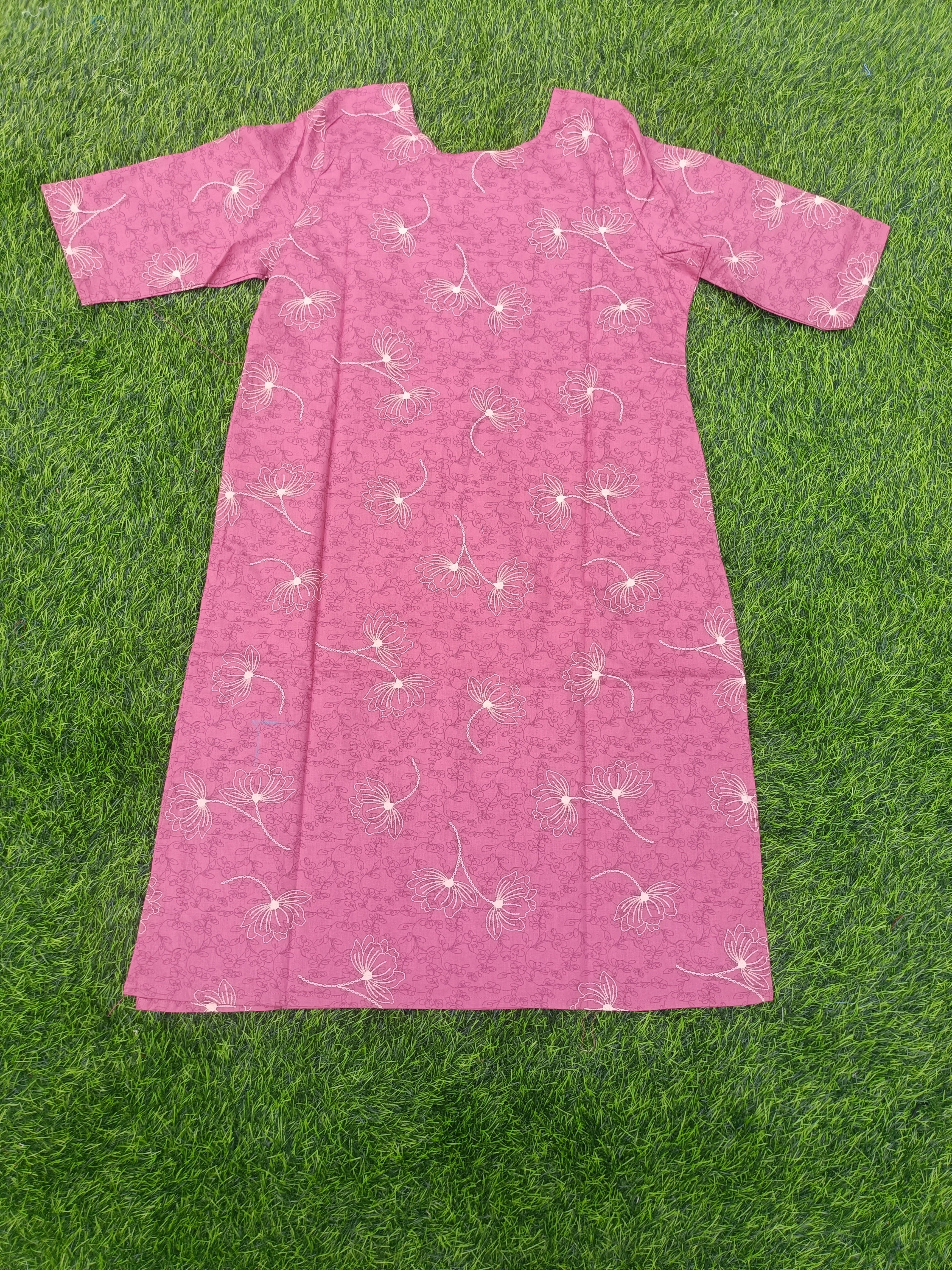 Women’s Dusty Rose Layered Floral Printed Cotton Straight-Cut Kurthi with Elbow Sleeves & Pocket