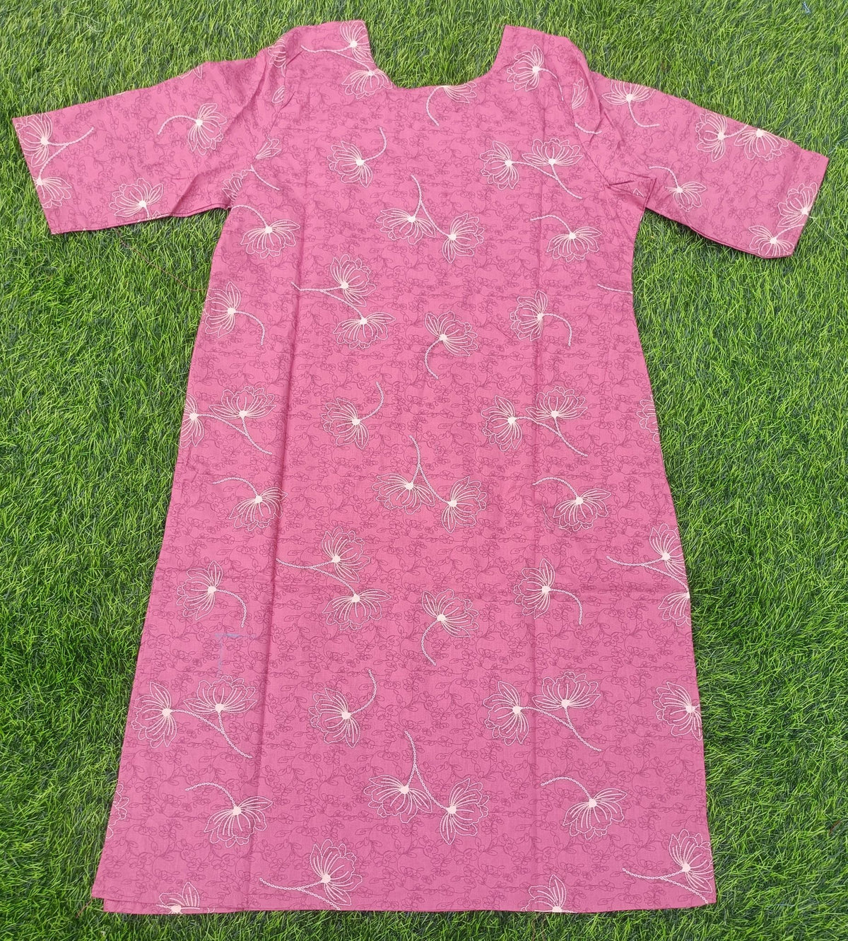 Women’s Dusty Rose Layered Floral Printed Cotton Straight-Cut Kurthi with Elbow Sleeves & Pocket