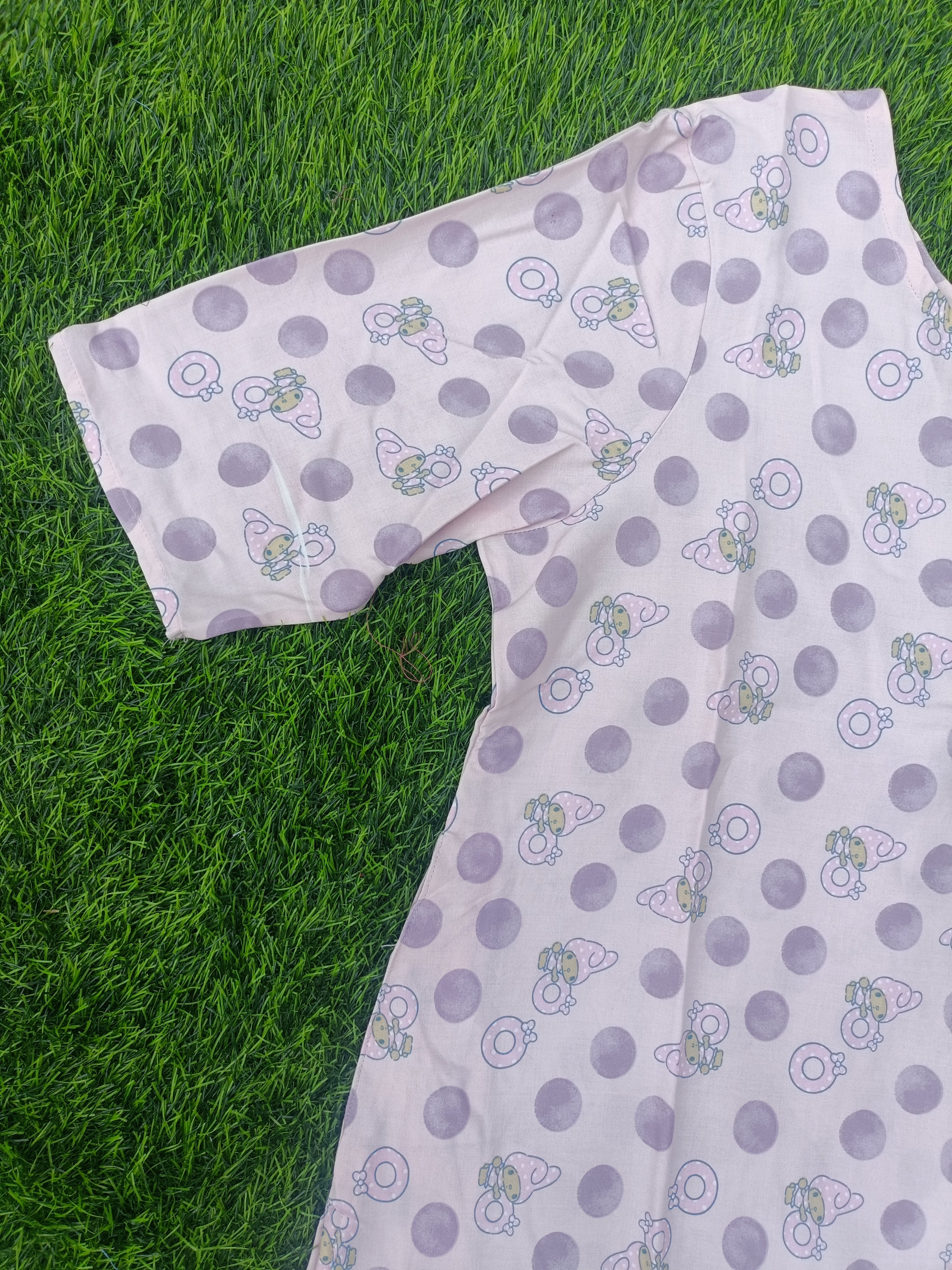 Women’s Light Pink Cute Cartoon Print Round Neck Straight Cut Kurti with Pocket
