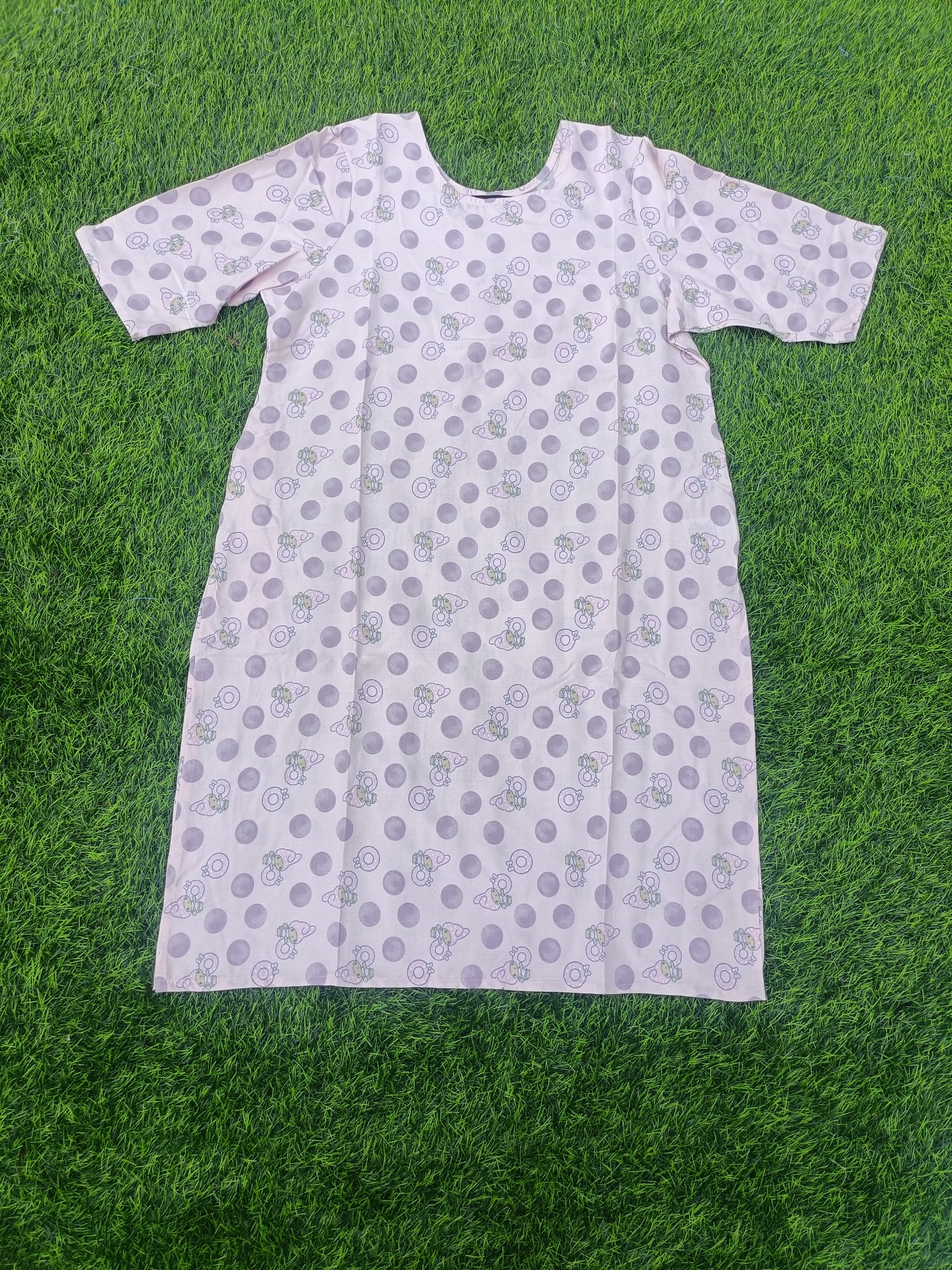 Women’s Light Pink Cute Cartoon Print Round Neck Straight Cut Kurti with Pocket