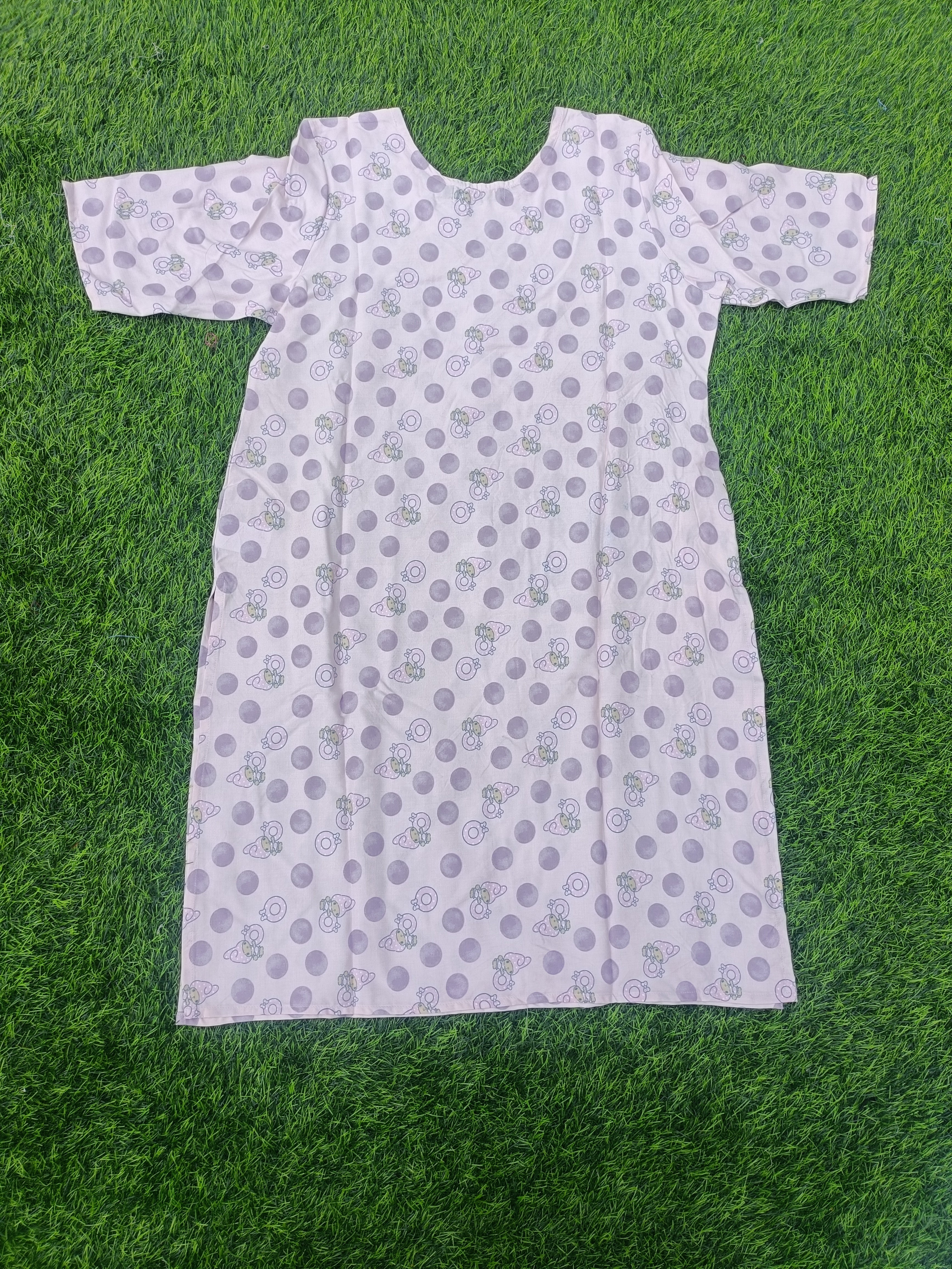Women’s Light Pink Cute Cartoon Print Round Neck Straight Cut Kurti with Pocket
