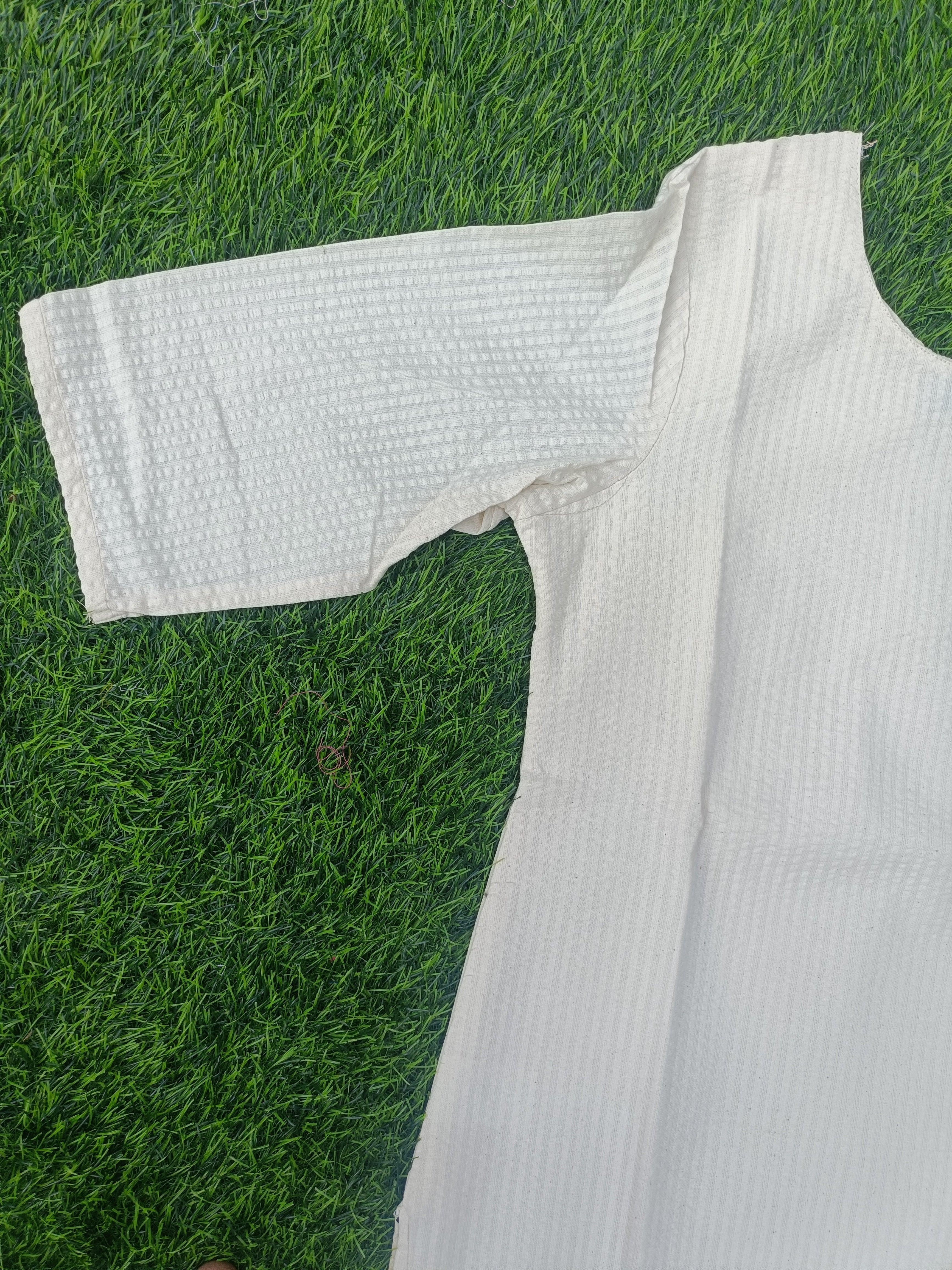 Women’s Natural Cream Textured Cotton Straight-Cut Kurthi with Elbow Sleeves & Pocket