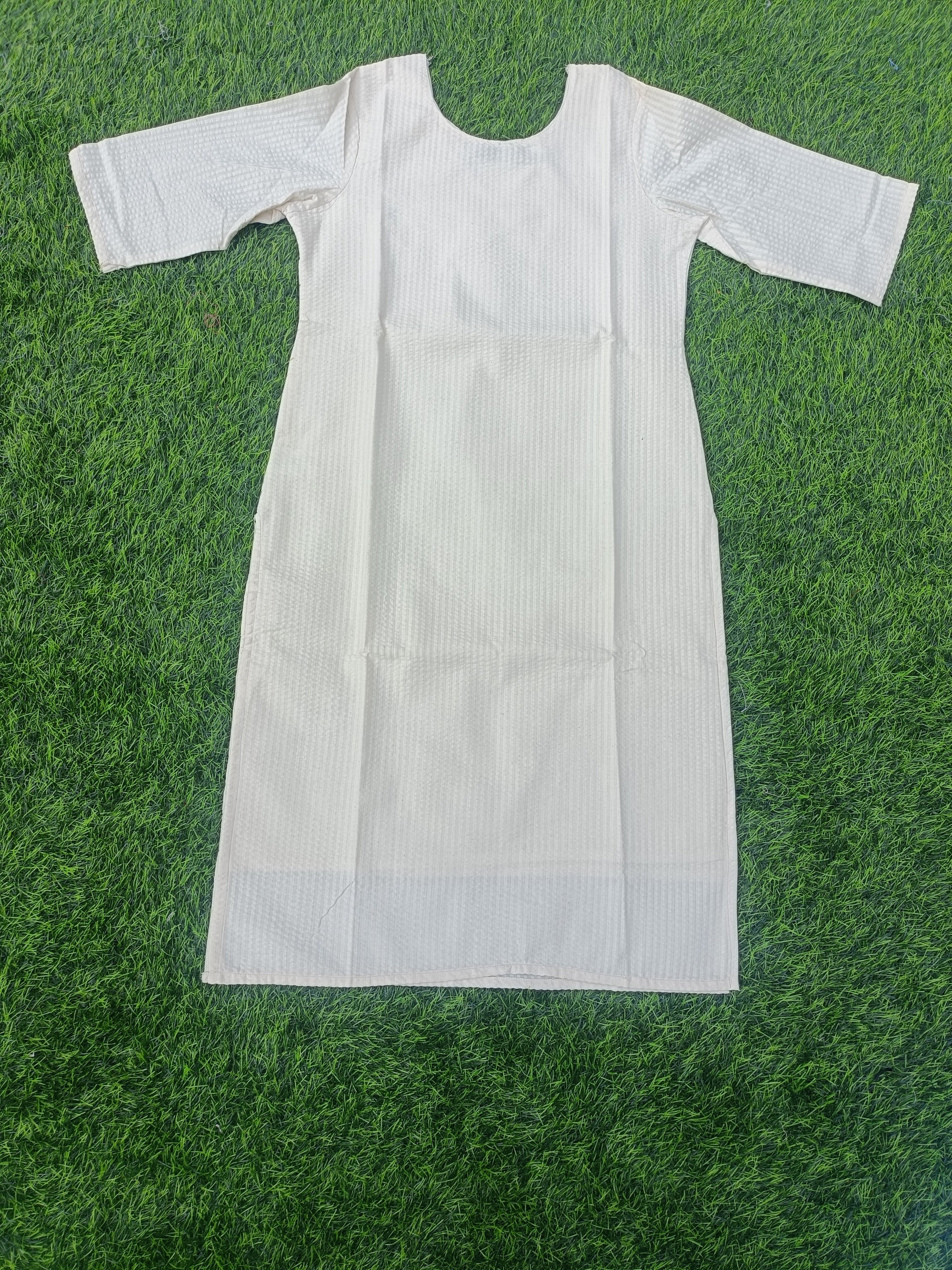 Women’s Natural Cream Textured Cotton Straight-Cut Kurthi with Elbow Sleeves & Pocket