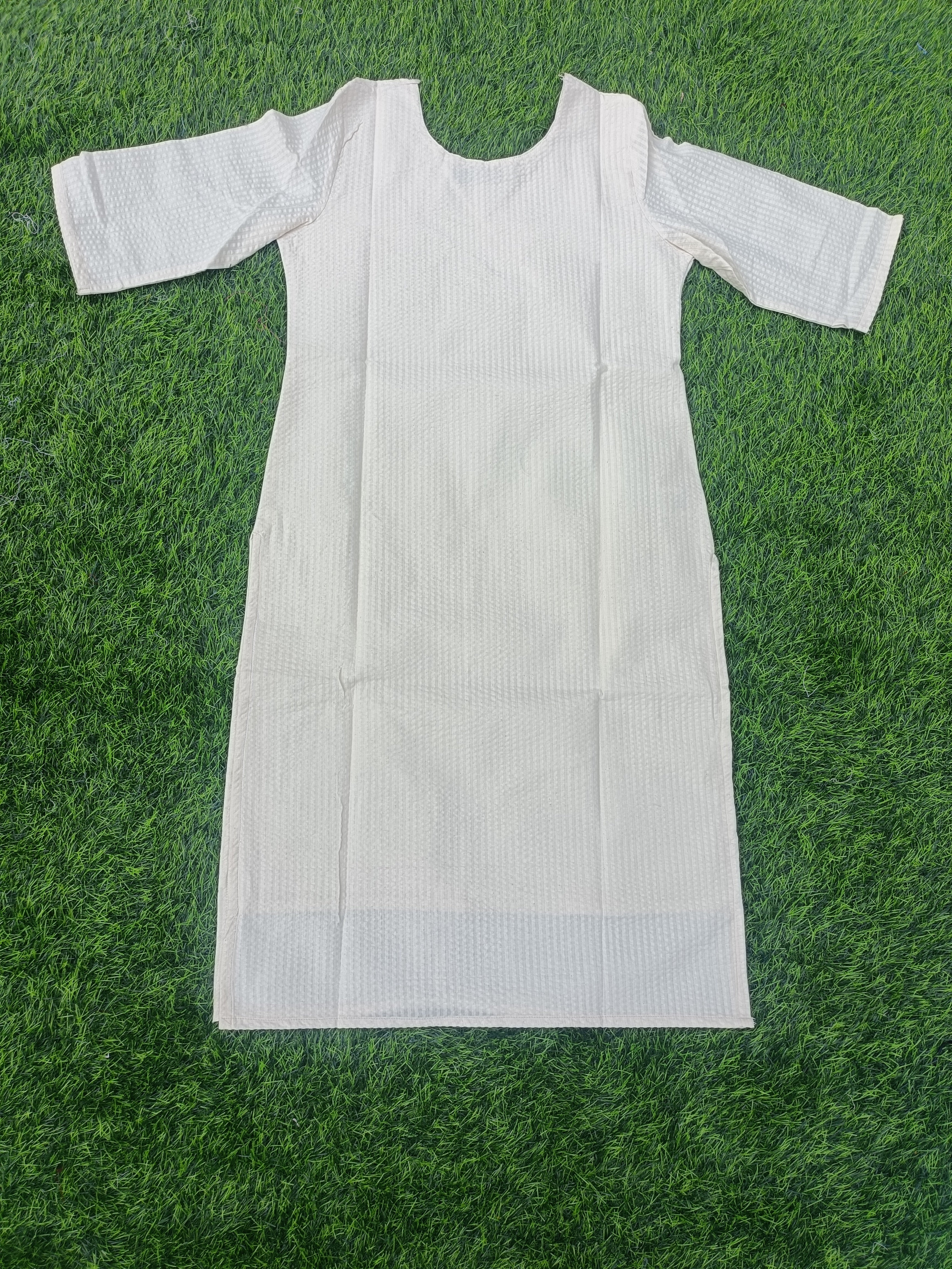 Women’s Natural Cream Textured Cotton Straight-Cut Kurthi with Elbow Sleeves & Pocket
