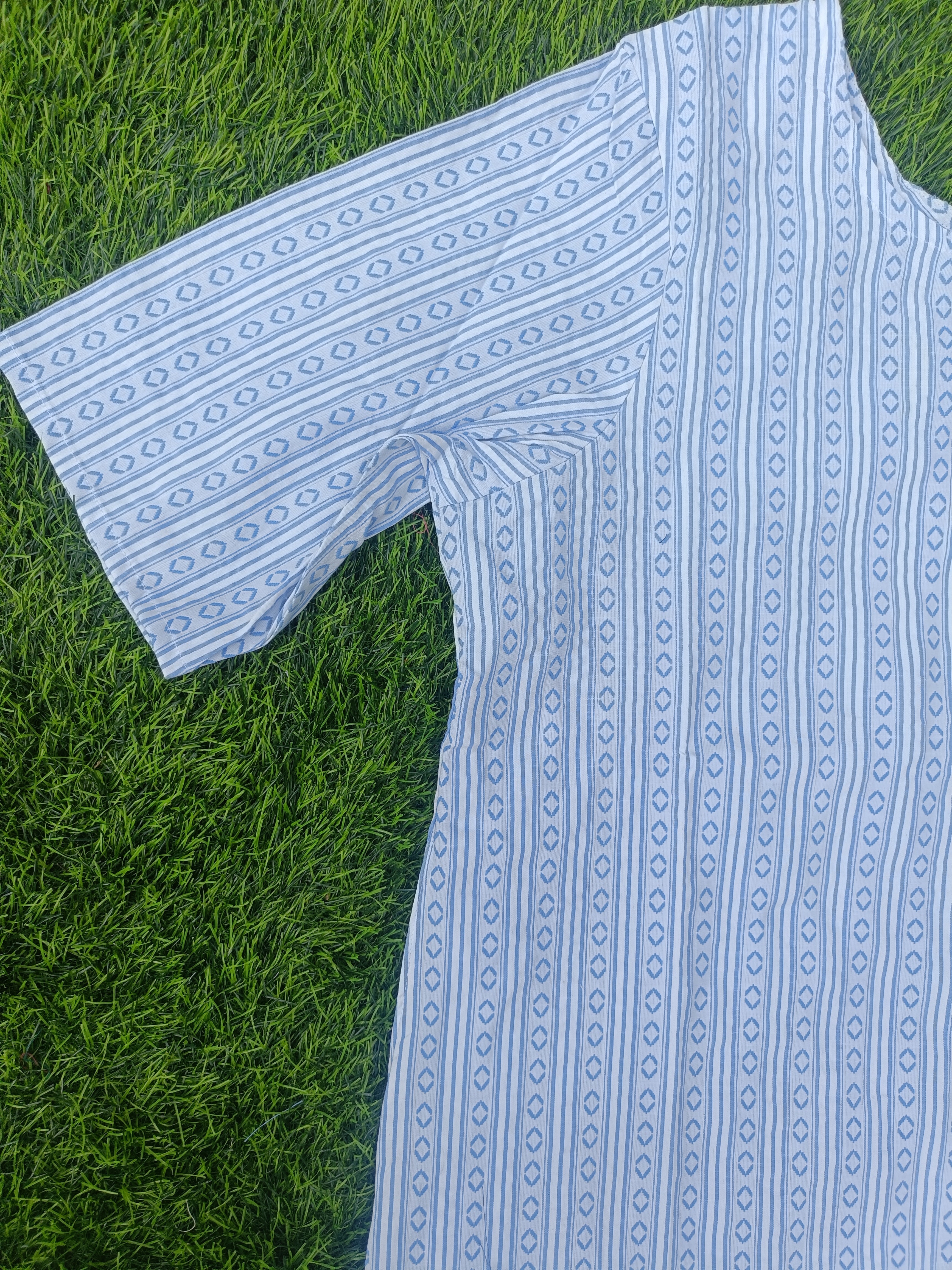 Women’s White & Sky Blue Geometric Striped Cotton Straight-Cut Kurthi with Elbow Sleeves & Pocket