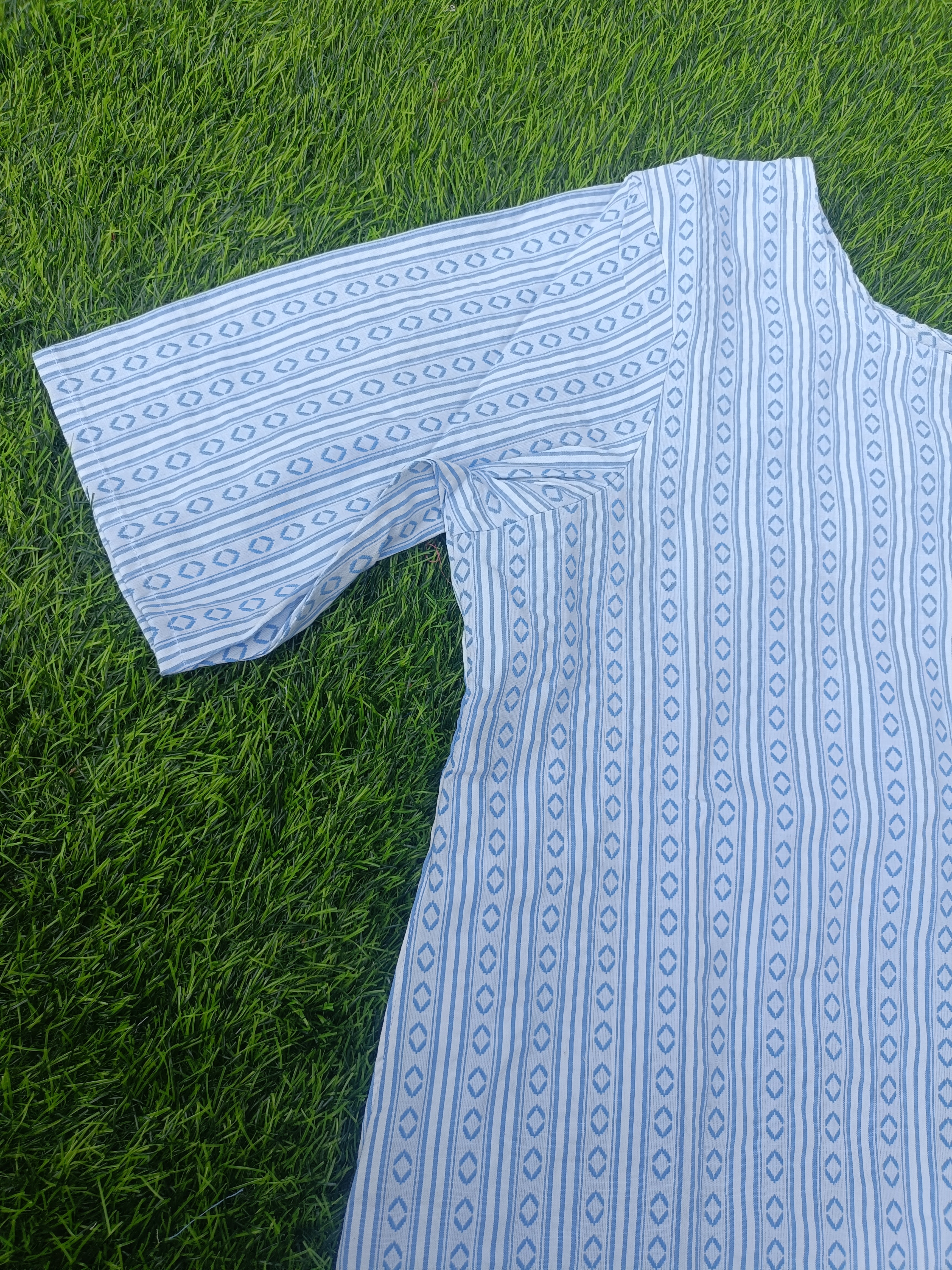 Women’s White & Sky Blue Geometric Striped Cotton Straight-Cut Kurthi with Elbow Sleeves & Pocket