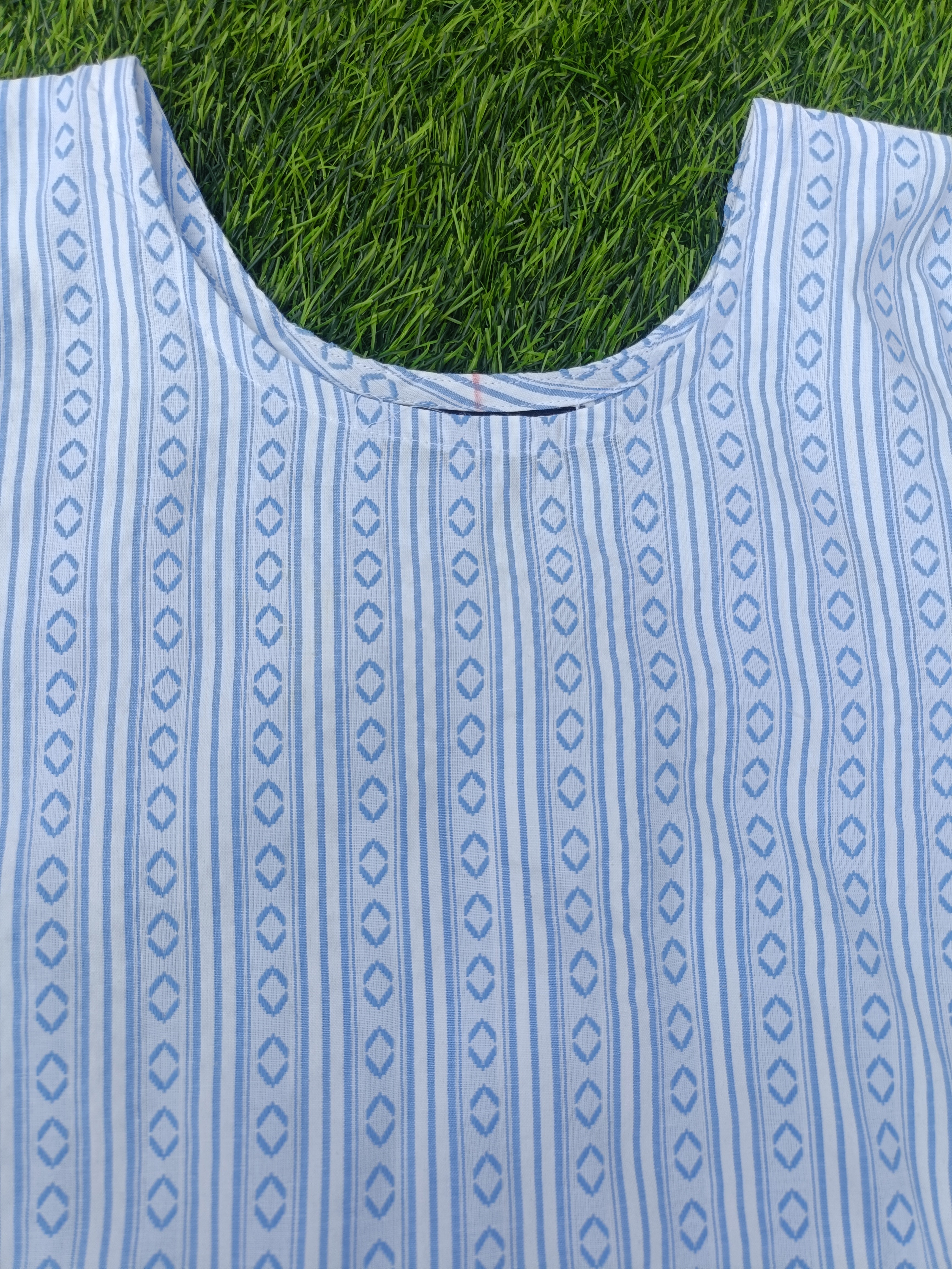 Women’s White & Sky Blue Geometric Striped Cotton Straight-Cut Kurthi with Elbow Sleeves & Pocket