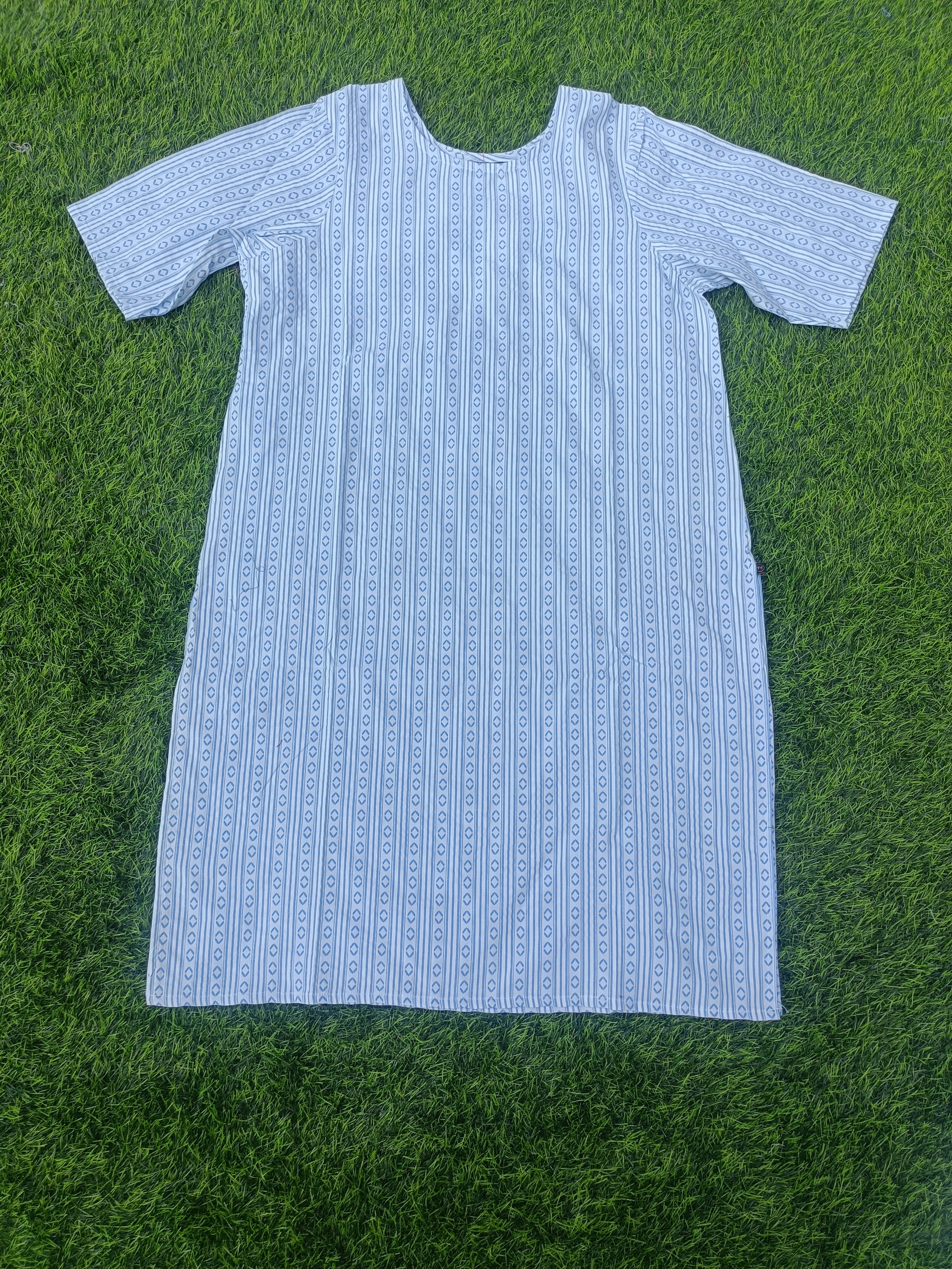 Women’s White & Sky Blue Geometric Striped Cotton Straight-Cut Kurthi with Elbow Sleeves & Pocket