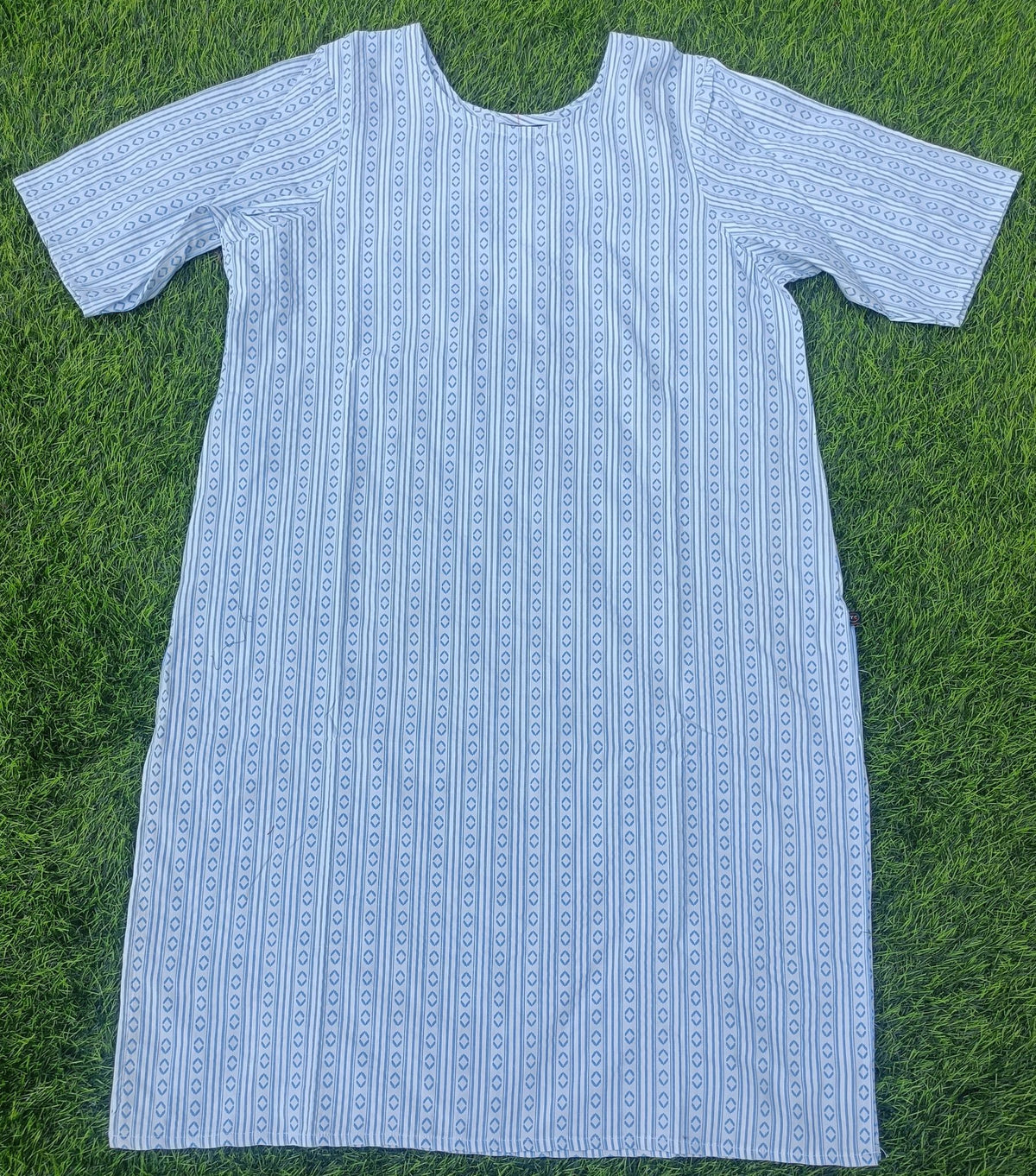 Women’s White & Sky Blue Geometric Striped Cotton Straight-Cut Kurthi with Elbow Sleeves & Pocket