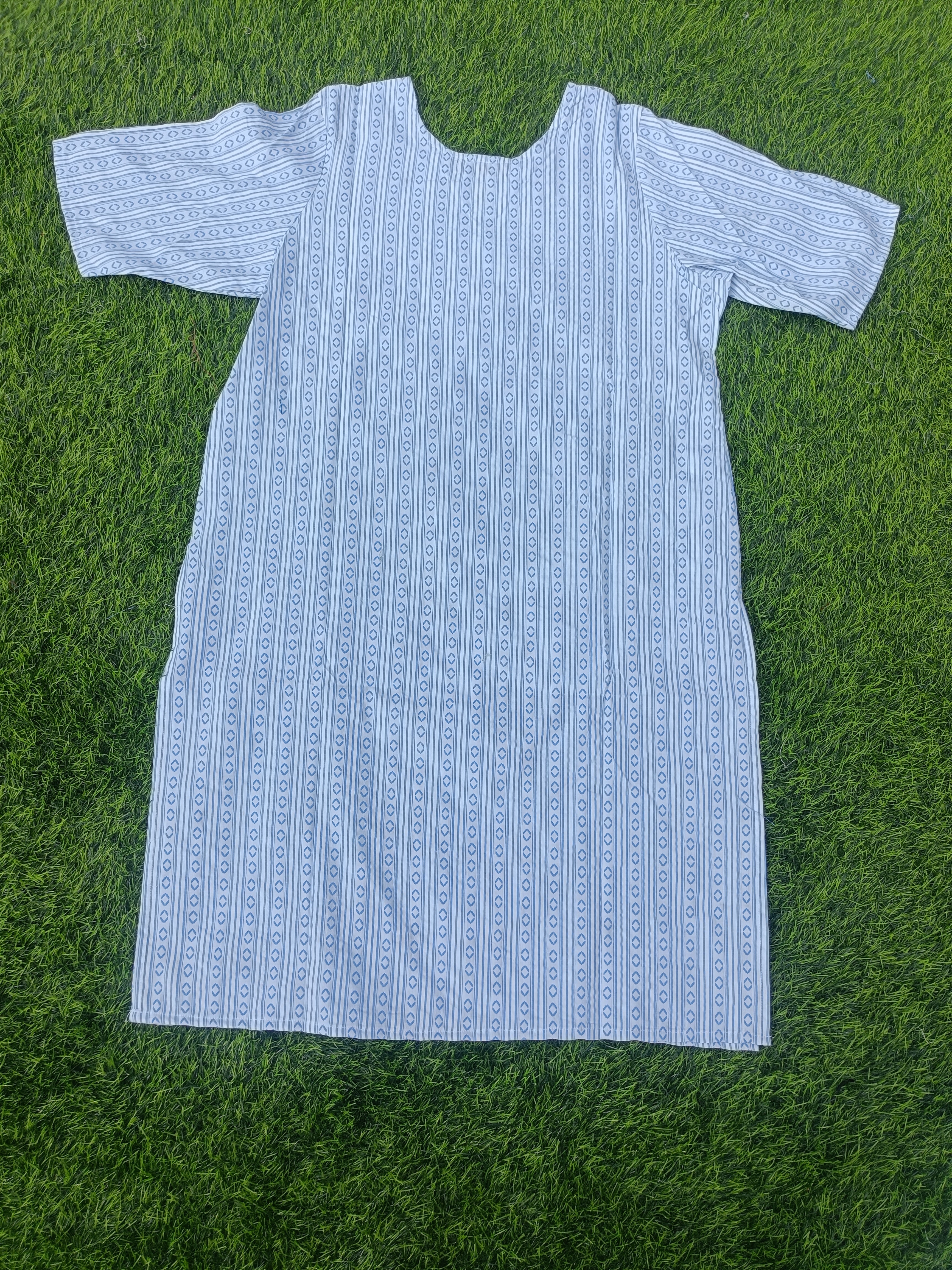 Women’s White & Sky Blue Geometric Striped Cotton Straight-Cut Kurthi with Elbow Sleeves & Pocket