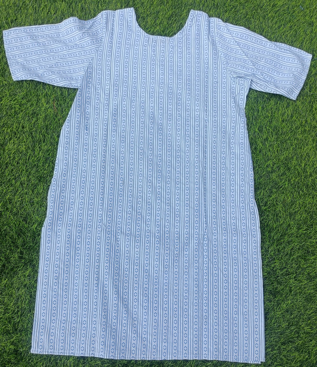 Women’s White & Sky Blue Geometric Striped Cotton Straight-Cut Kurthi with Elbow Sleeves & Pocket
