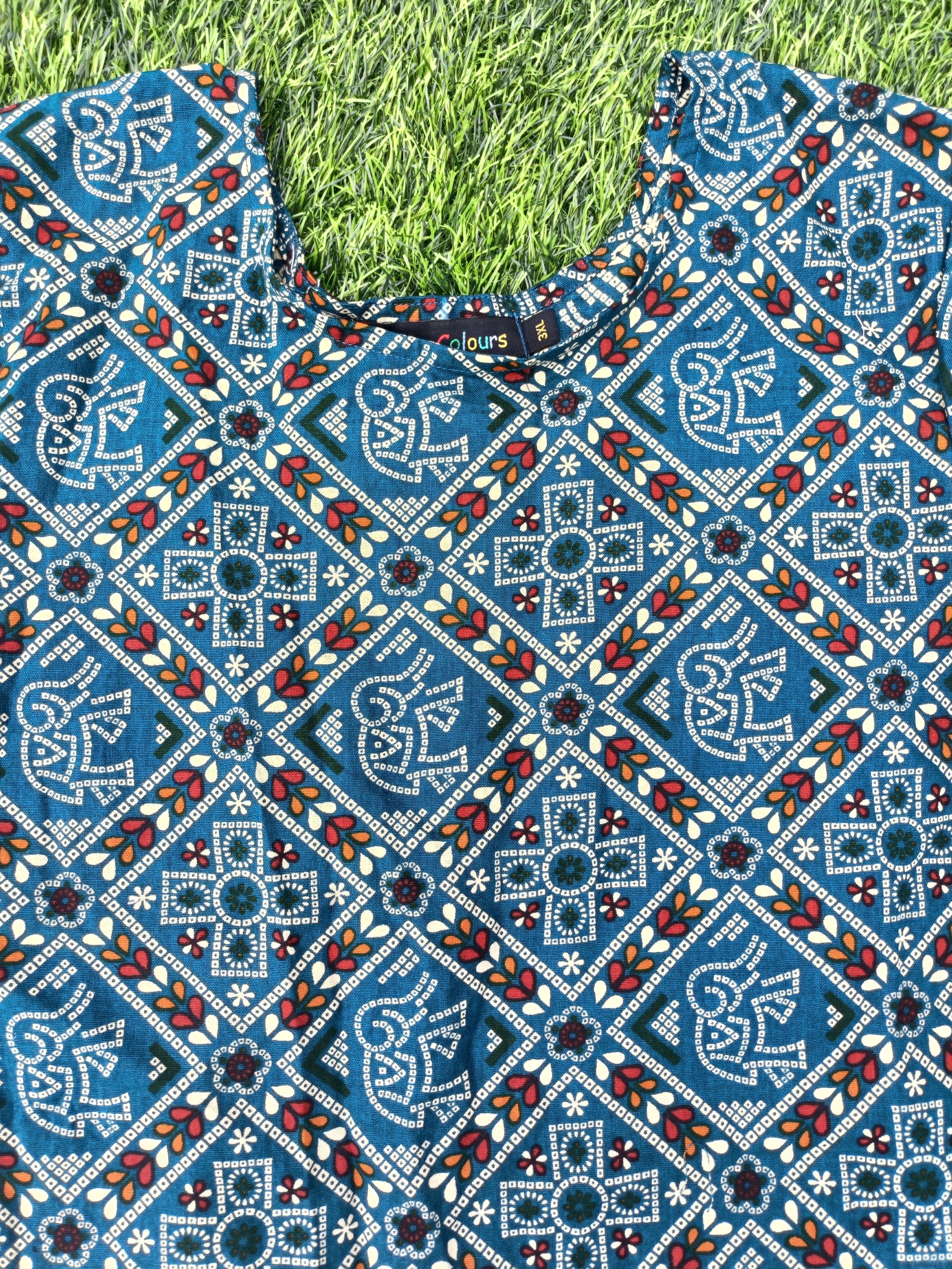 Women’s Peacock Blue Multicolour Ethnic Printed Cotton Straight-Cut Kurthi with Elbow Sleeves & Pocket