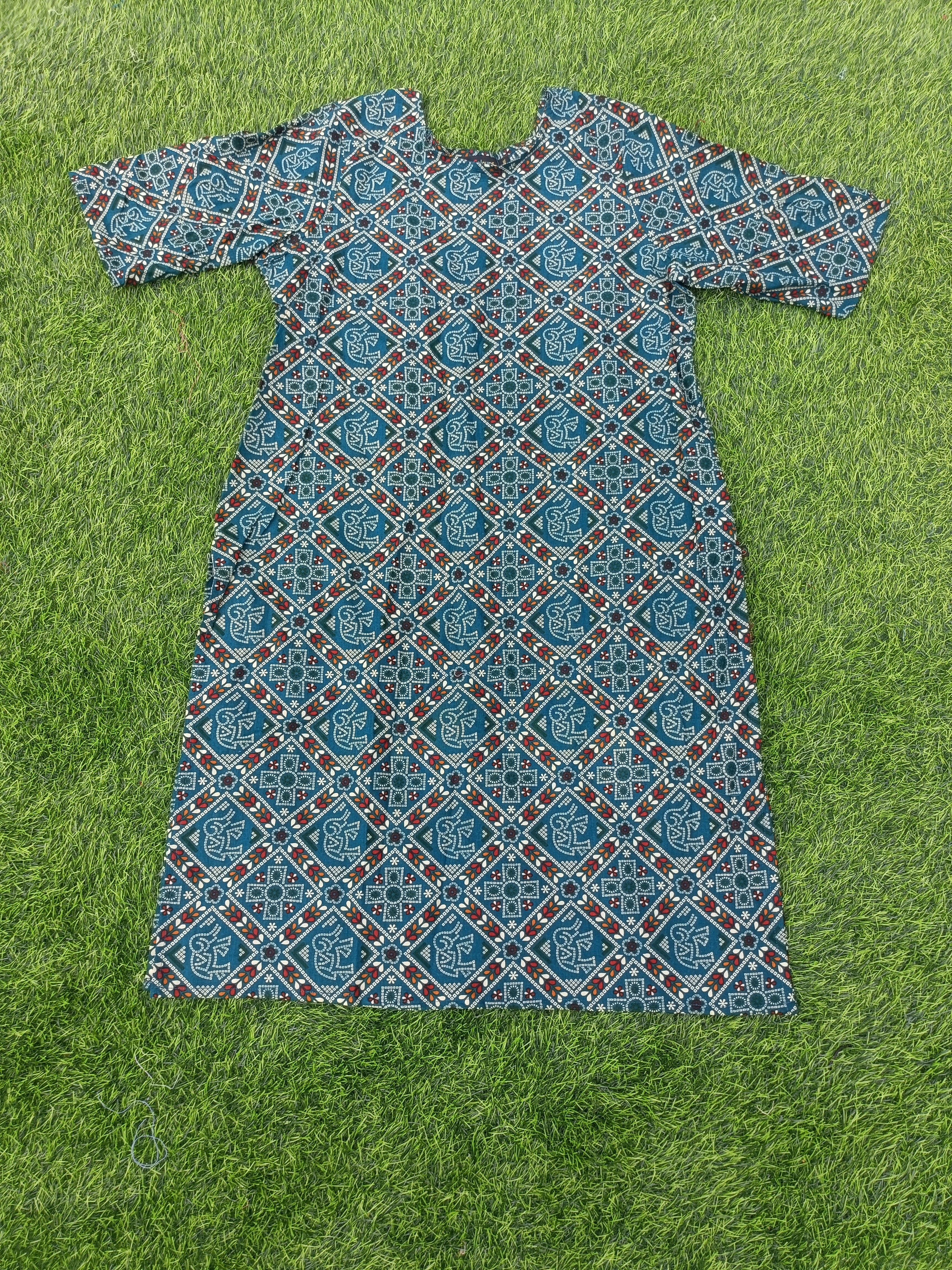 Women’s Peacock Blue Multicolour Ethnic Printed Cotton Straight-Cut Kurthi with Elbow Sleeves & Pocket