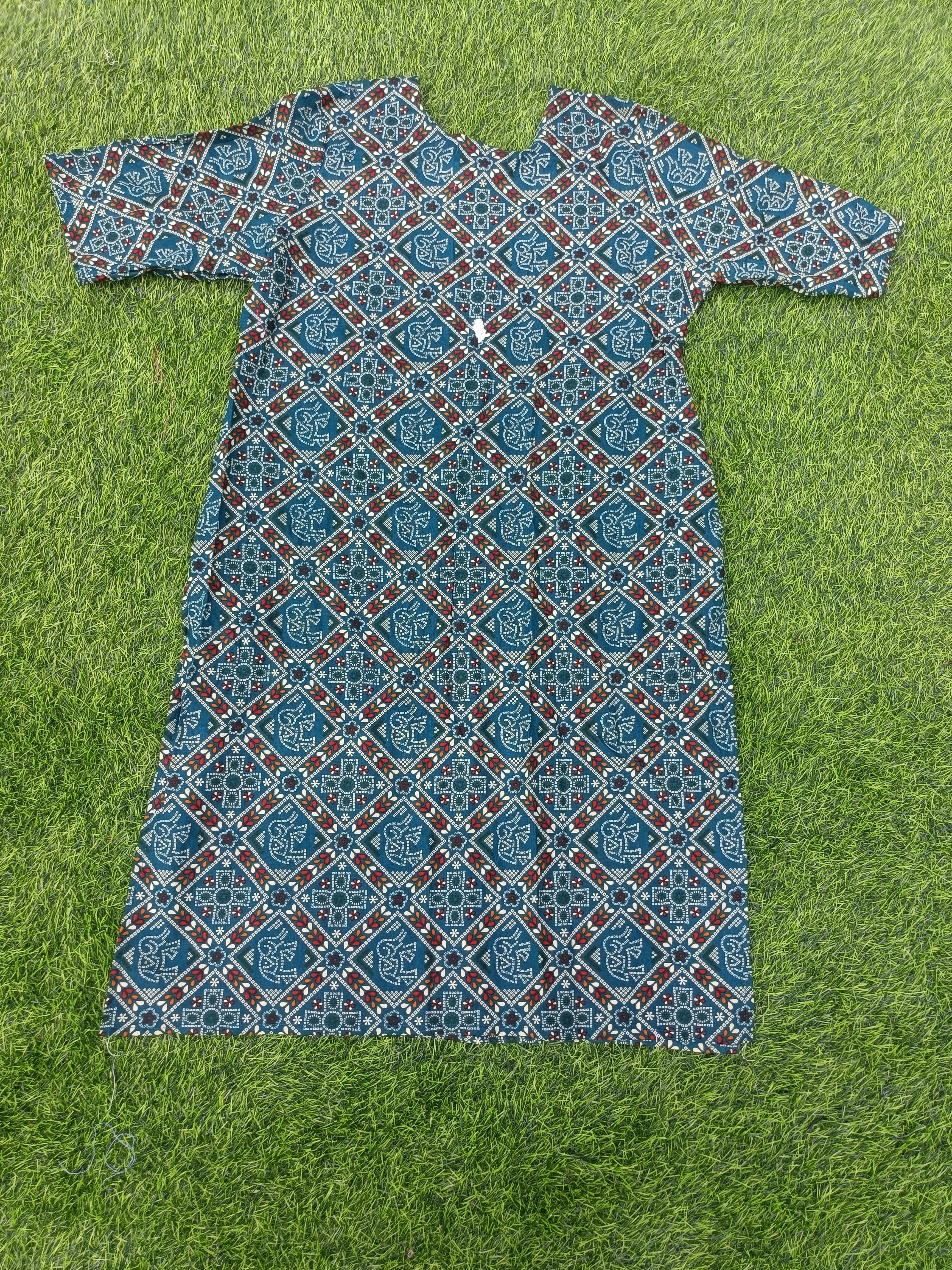 Women’s Peacock Blue Multicolour Ethnic Printed Cotton Straight-Cut Kurthi with Elbow Sleeves & Pocket