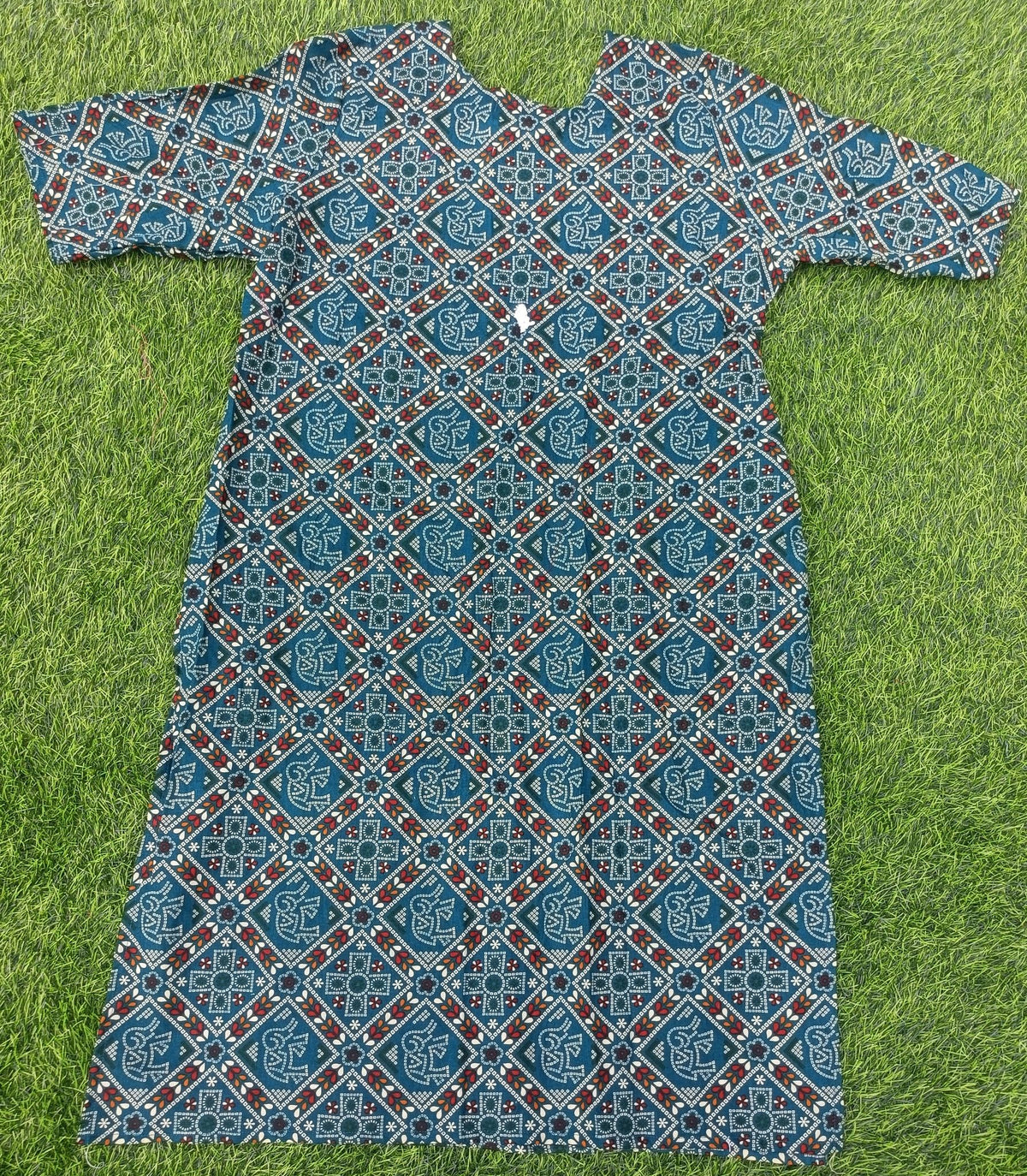 Women’s Peacock Blue Multicolour Ethnic Printed Cotton Straight-Cut Kurthi with Elbow Sleeves & Pocket