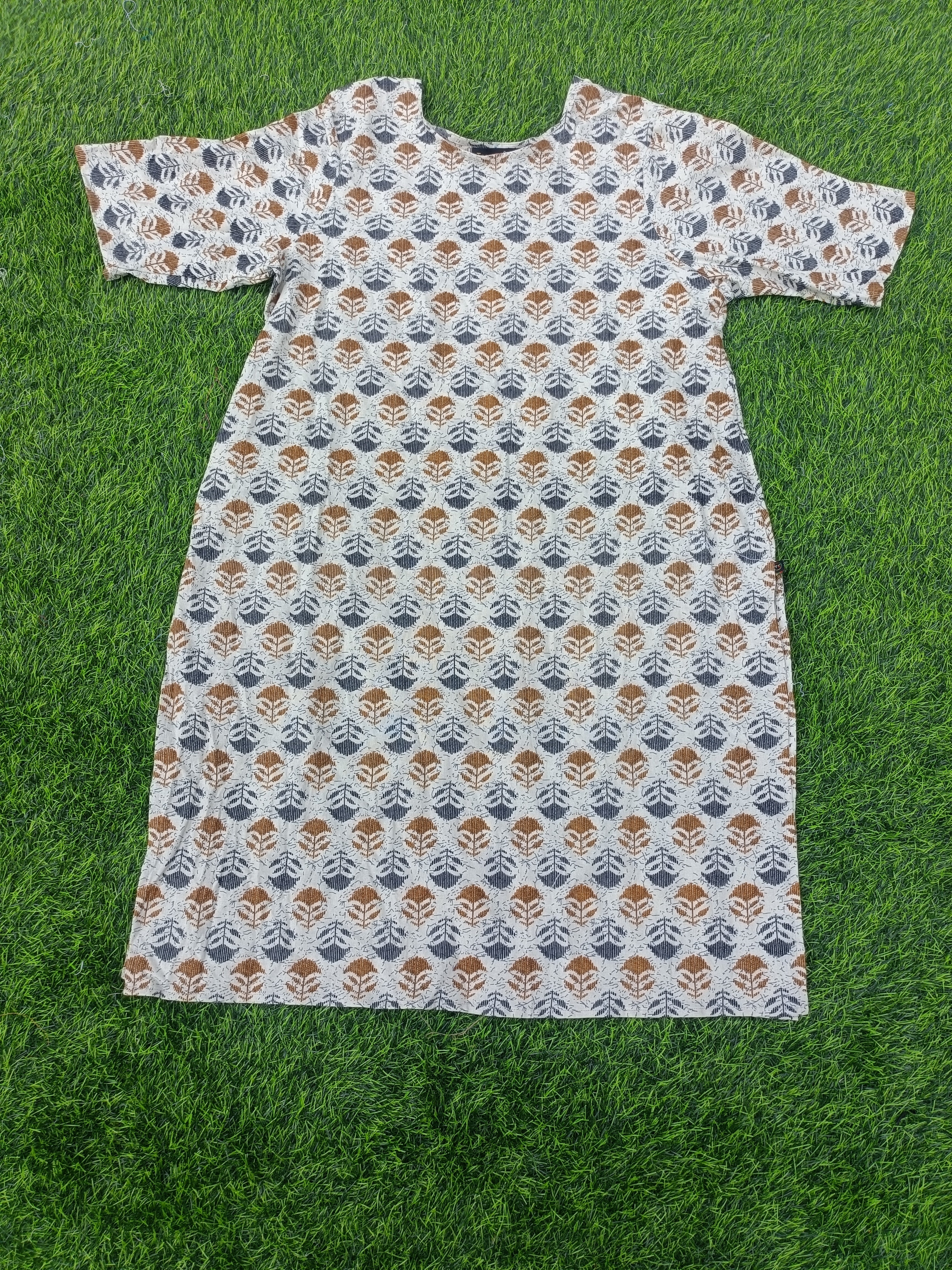 Women's Cream color Cotton Kurti - Mustard & Navy Leaf Block Print Round Neck Elbow Sleeves Straight Cut with Pocket