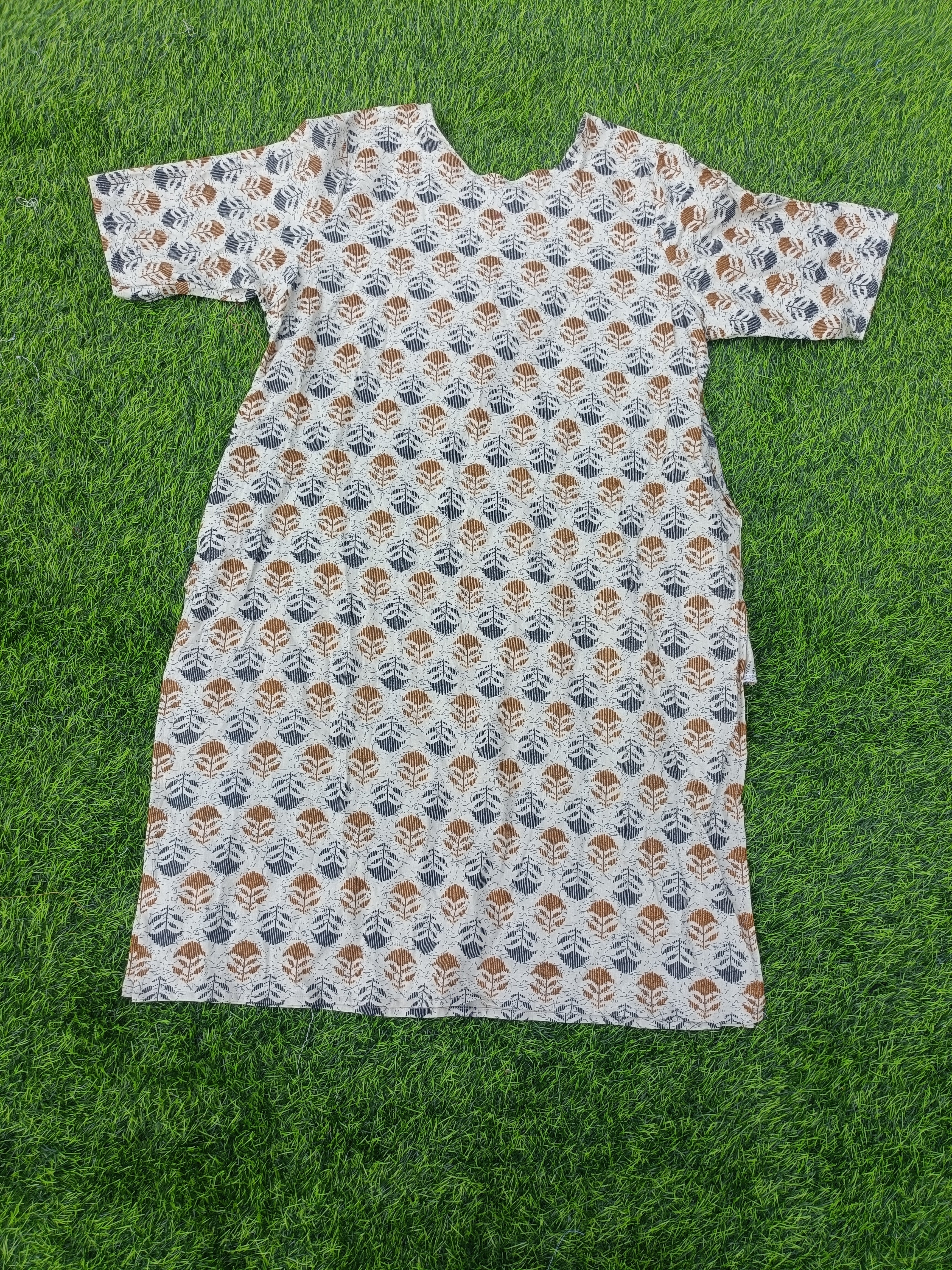 Women's Cream color Cotton Kurti - Mustard & Navy Leaf Block Print Round Neck Elbow Sleeves Straight Cut with Pocket