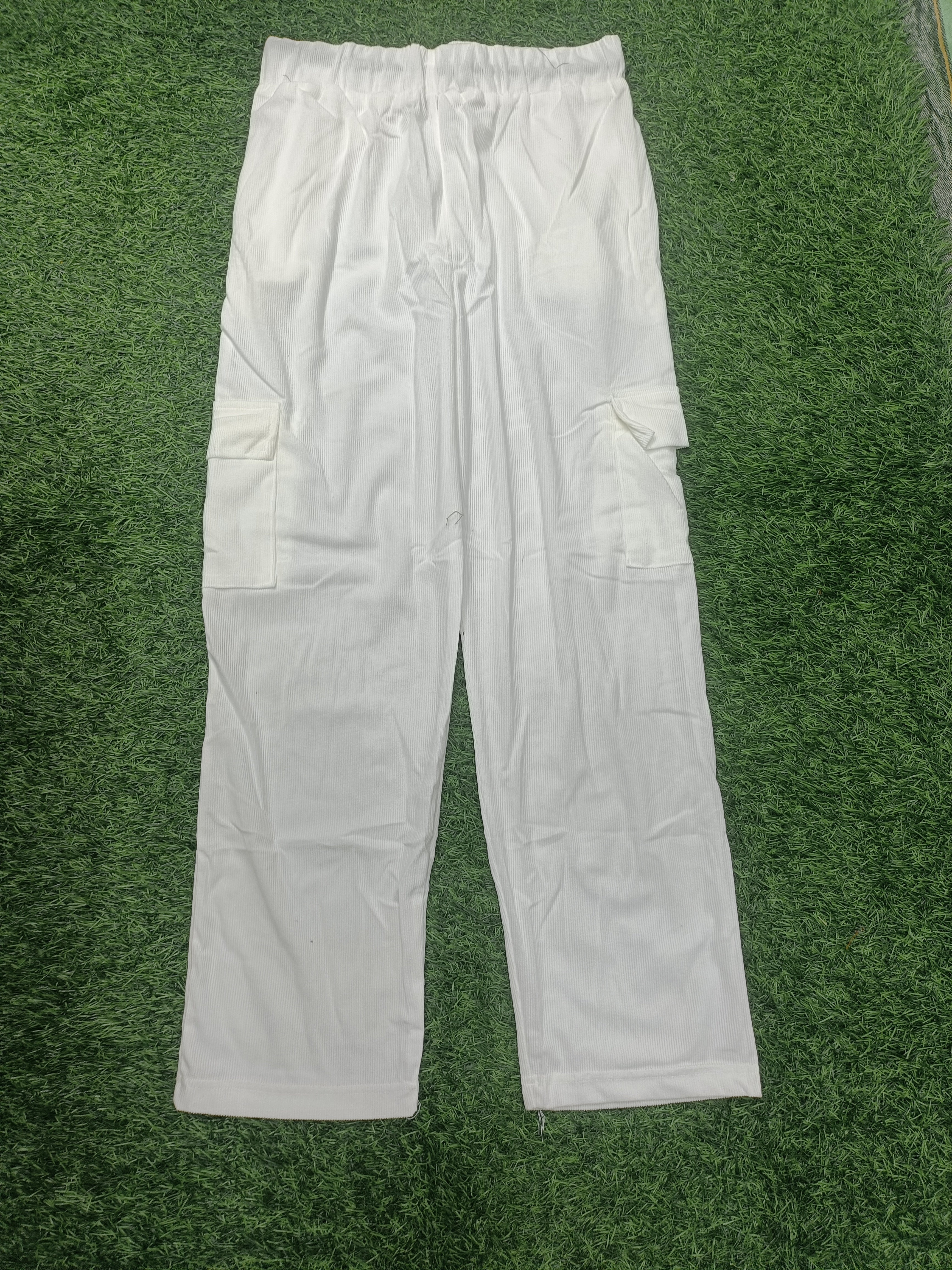 Men's White Sporty Cargo Track Pants with Zipper Pockets