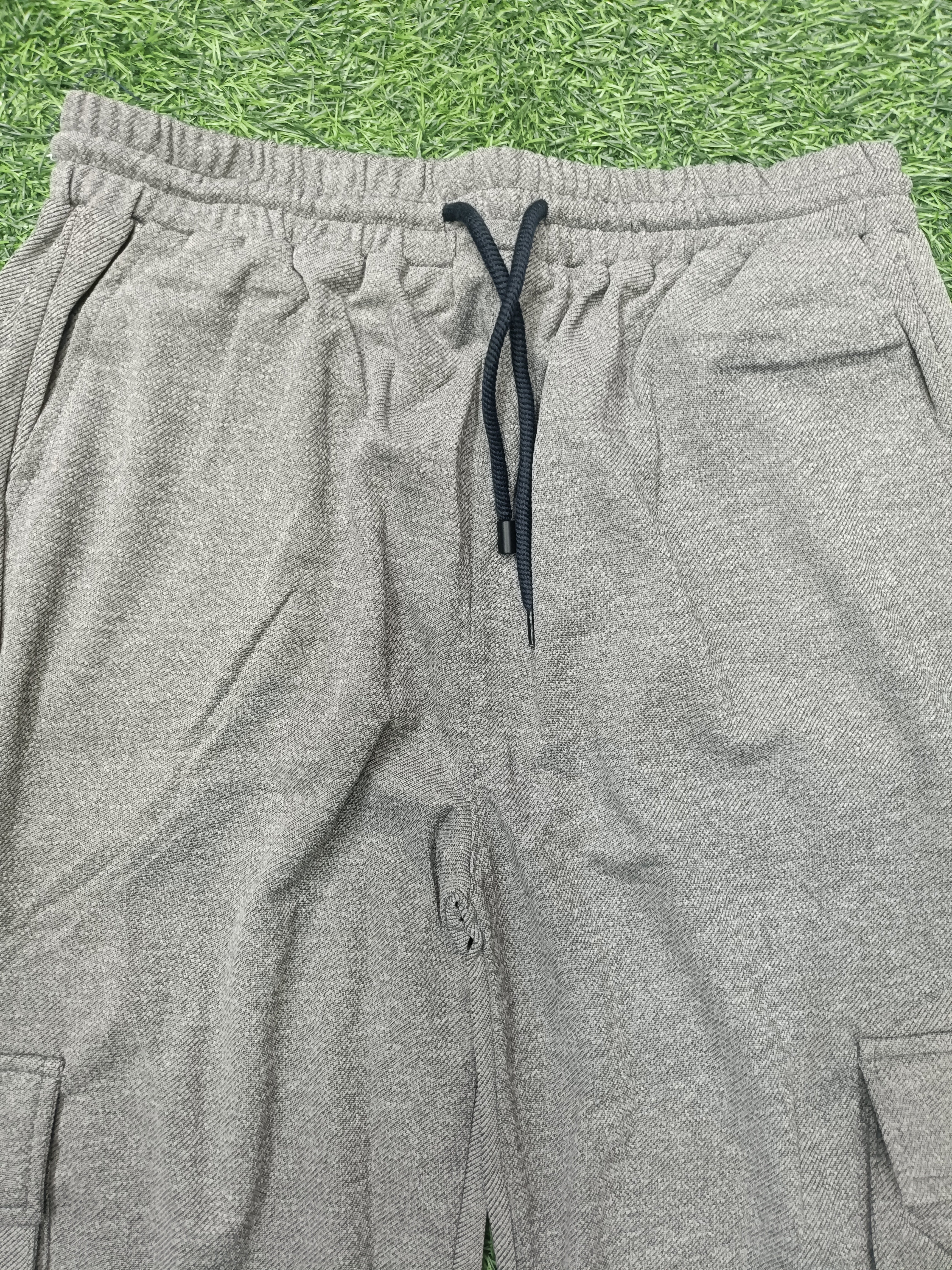Men's Light Grey Cargo Pant - 6 Pockets - Baggy Straight Fit - Elastic Waist with Drawstring - Casual Streetwear