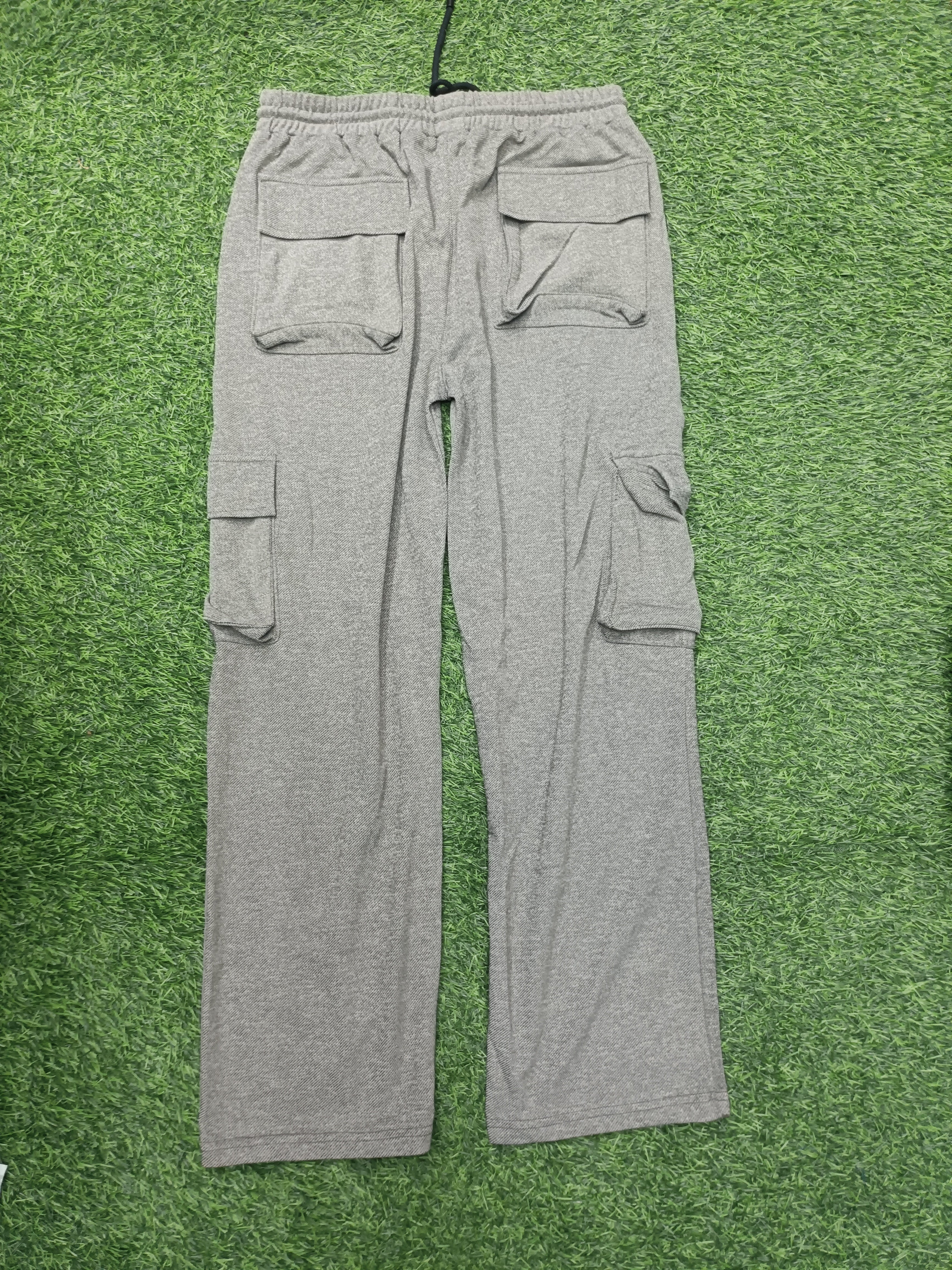 Men's Light Grey Cargo Pant - 6 Pockets - Baggy Straight Fit - Elastic Waist with Drawstring - Casual Streetwear