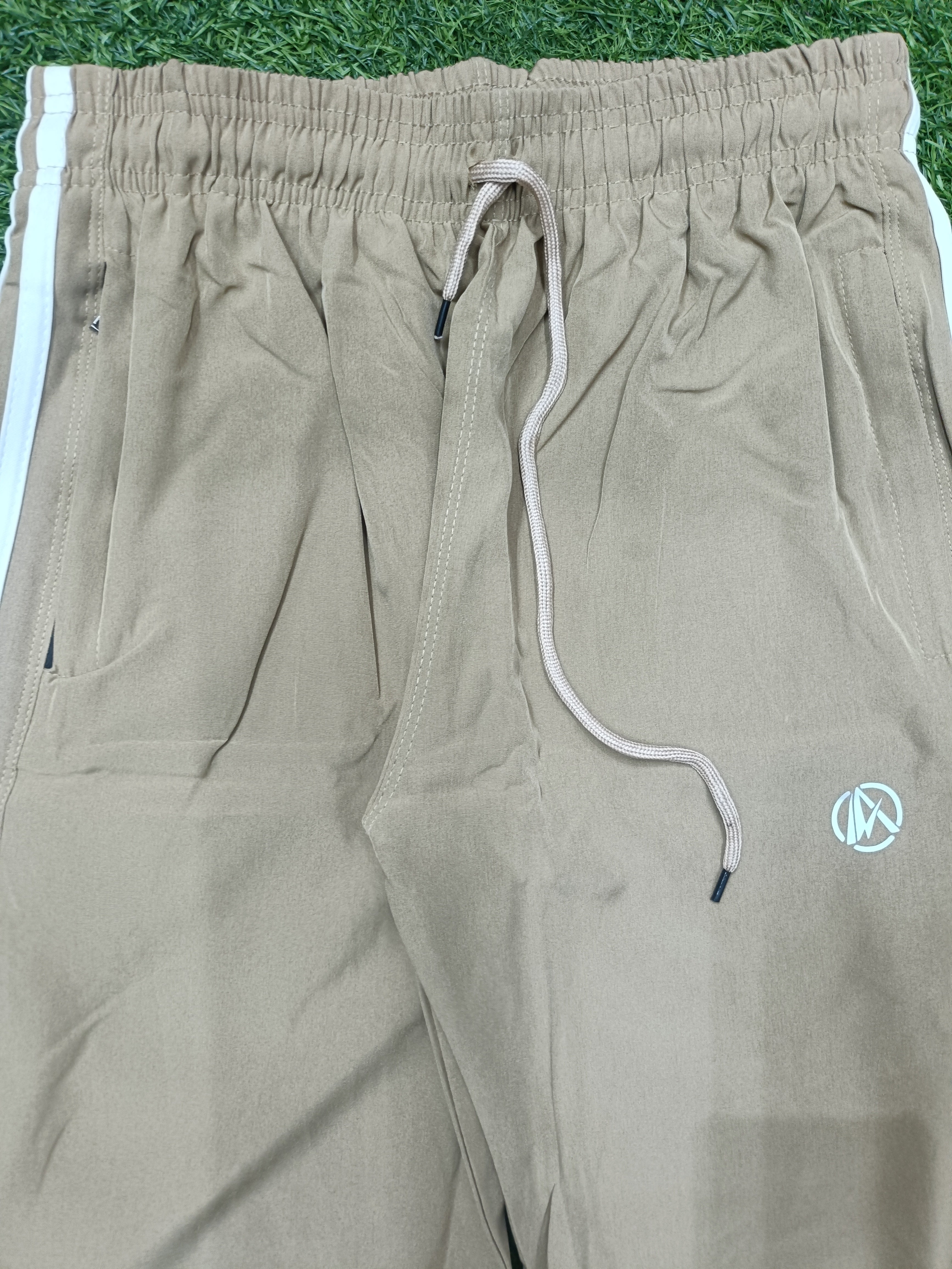 Men's Beige Track Pant - White Side Stripe - 2 Zipper Pockets