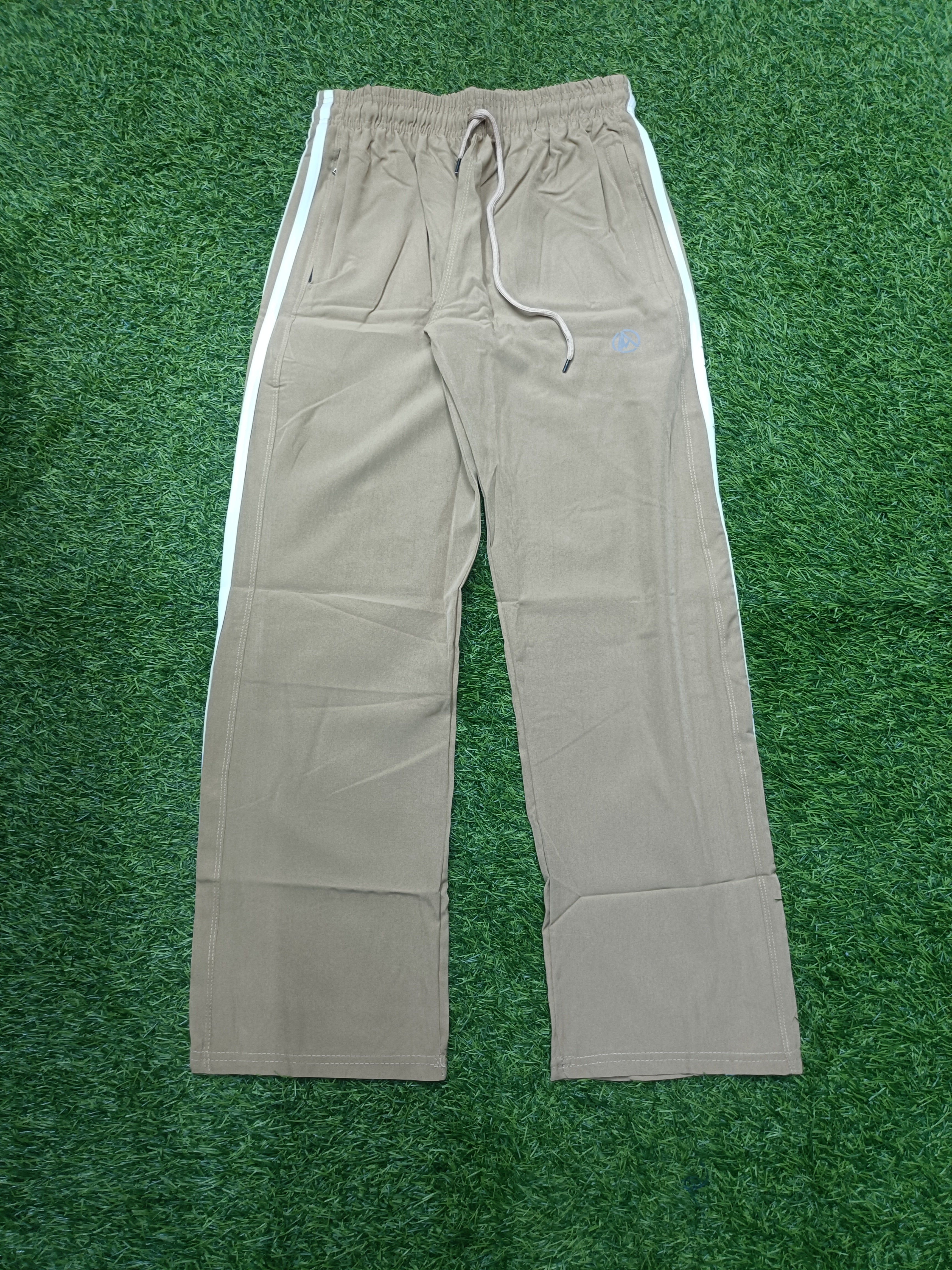 Men's Beige Track Pant - White Side Stripe - 2 Zipper Pockets