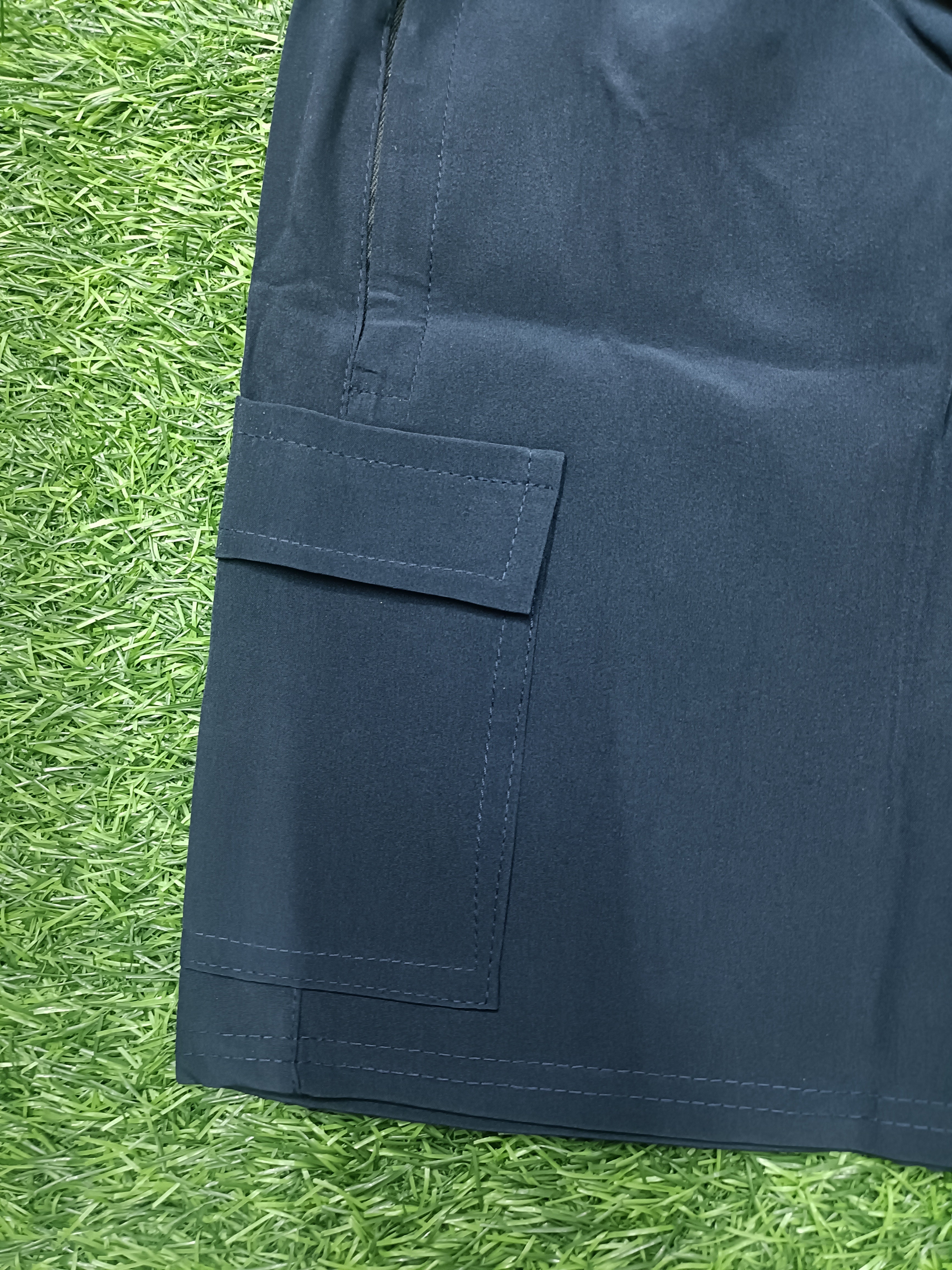 Men’s Navy Blue Cargo Shorts with Elastic Waist, Zipper & Flap Pockets