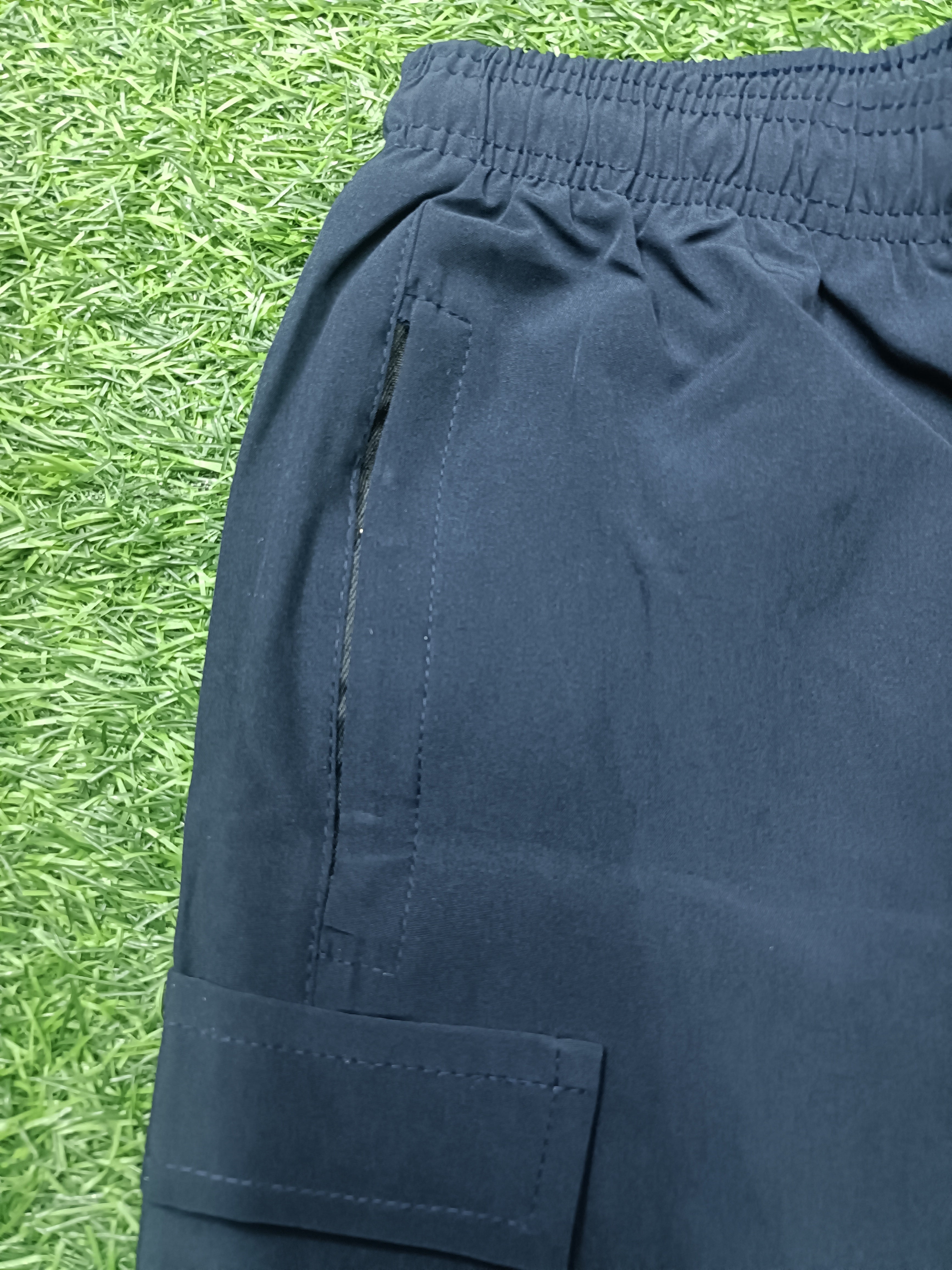 Men’s Navy Blue Cargo Shorts with Elastic Waist, Zipper & Flap Pockets