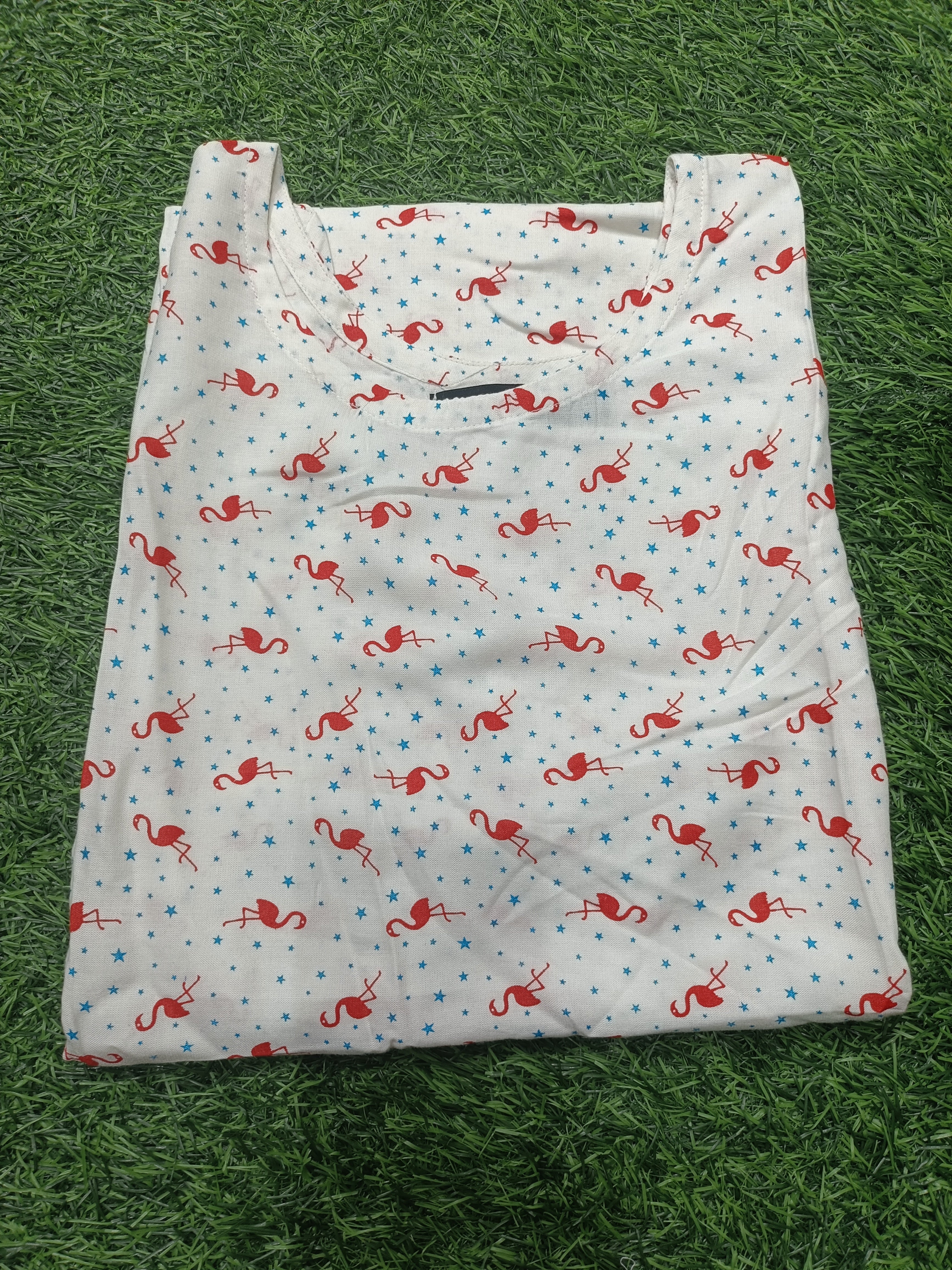 Women’s Off-White base with Red Flamingo and Blue Star Print Round Neck Straight Cut Kurti with Pocket