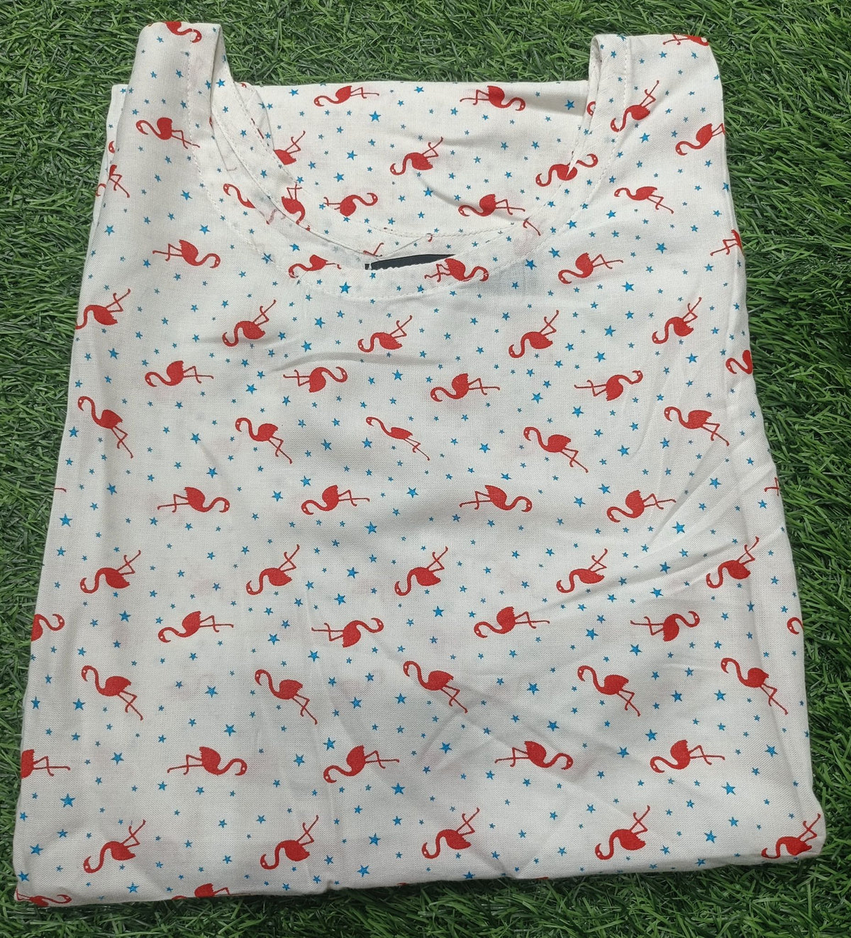 Women’s Off-White base with Red Flamingo and Blue Star Print Round Neck Straight Cut Kurti with Pocket