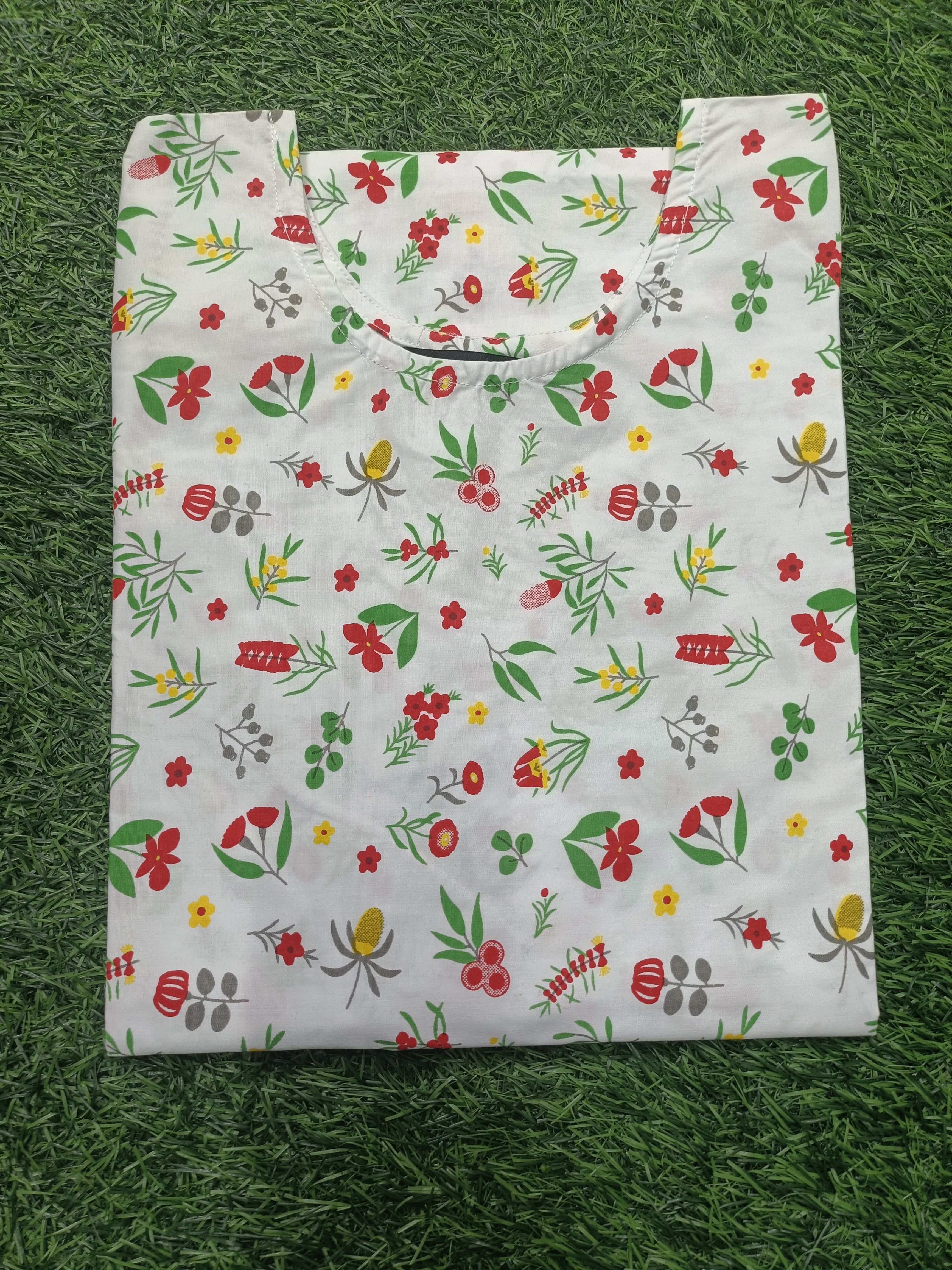 Women's White Cotton Kurti - Red & Green Small Floral Print  Round Neck  Elbow Sleeves Straight Cut with Pocket