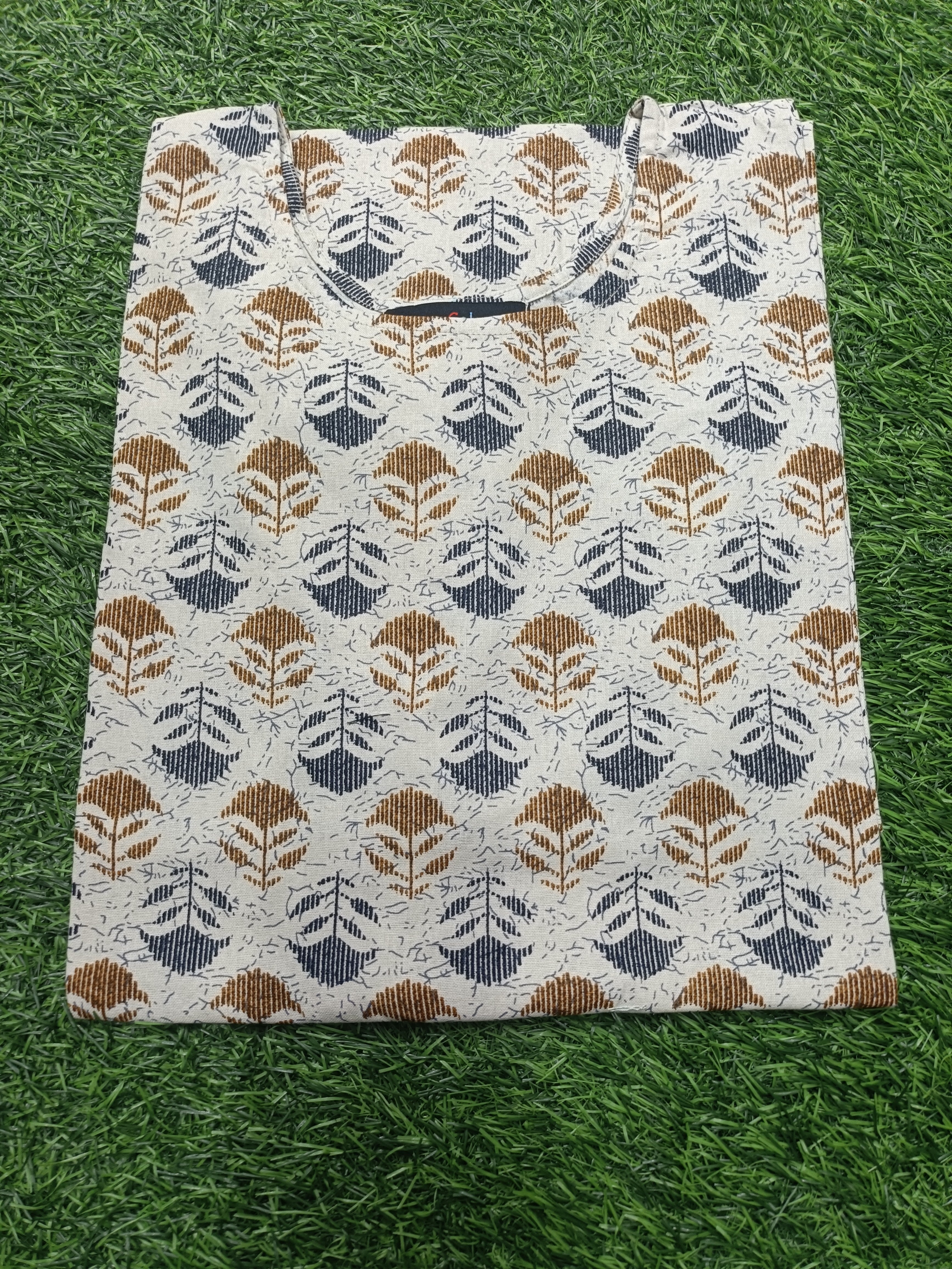 Women's Cream color Cotton Kurti - Mustard & Navy Leaf Block Print Round Neck Elbow Sleeves Straight Cut with Pocket