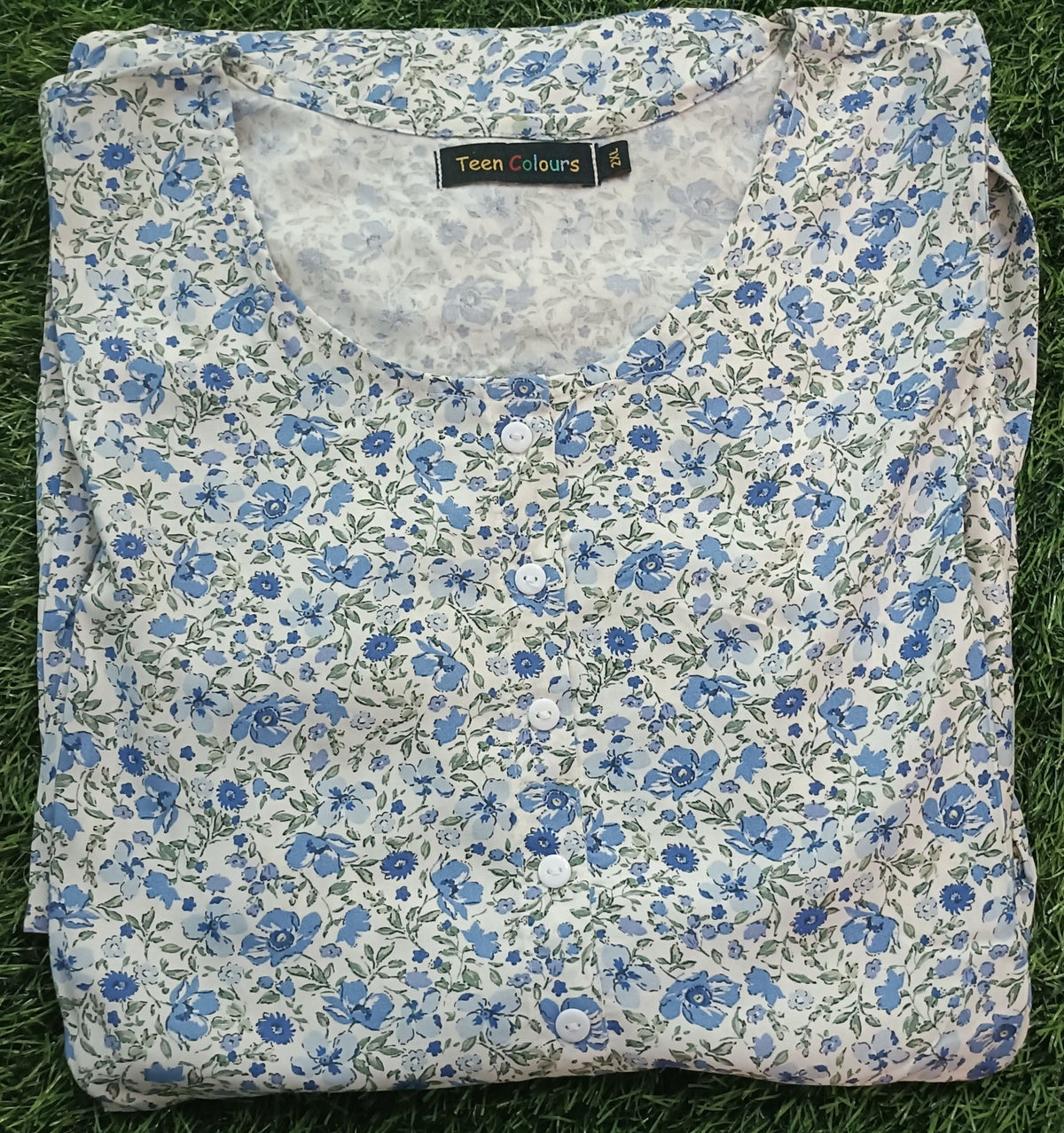Women's Off-White with Blue Floral Print Flared Umbrella model kurti with Elbow Sleeves