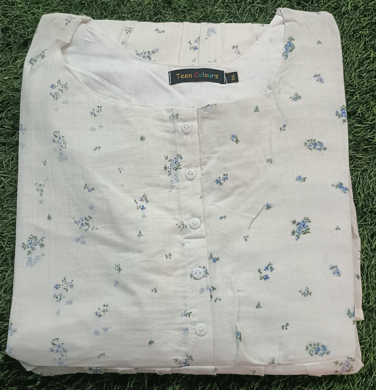 Women's's Off-White with Blue Floral Print Single Piece Two-Step Umbrella Umbrella model kurti with inner lining , Floral Print and Elbow Sleeves